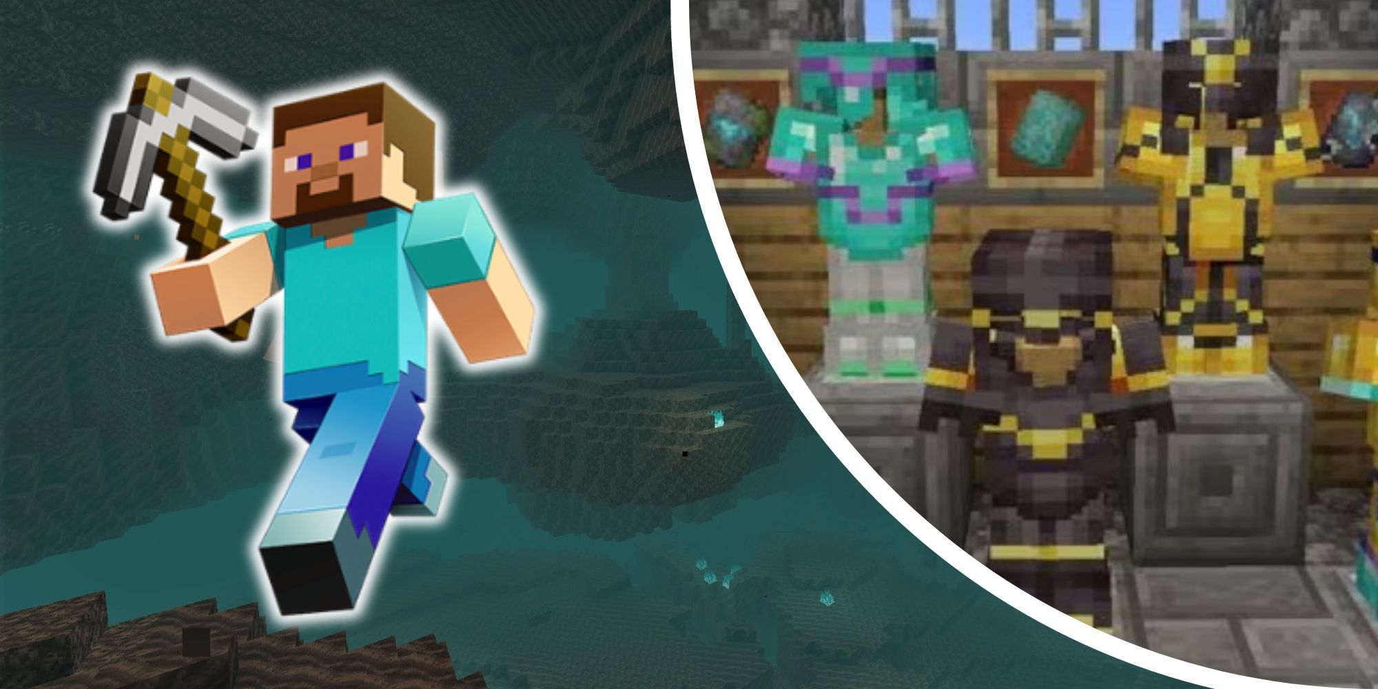 A split image of Steve from Minecraft, several armors, and a Soul Valley.