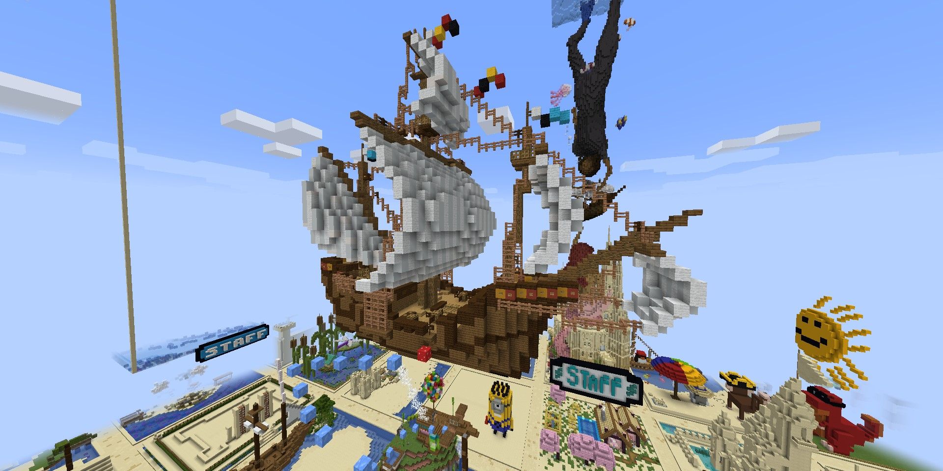 Several Build Battle creations in Minecraft.