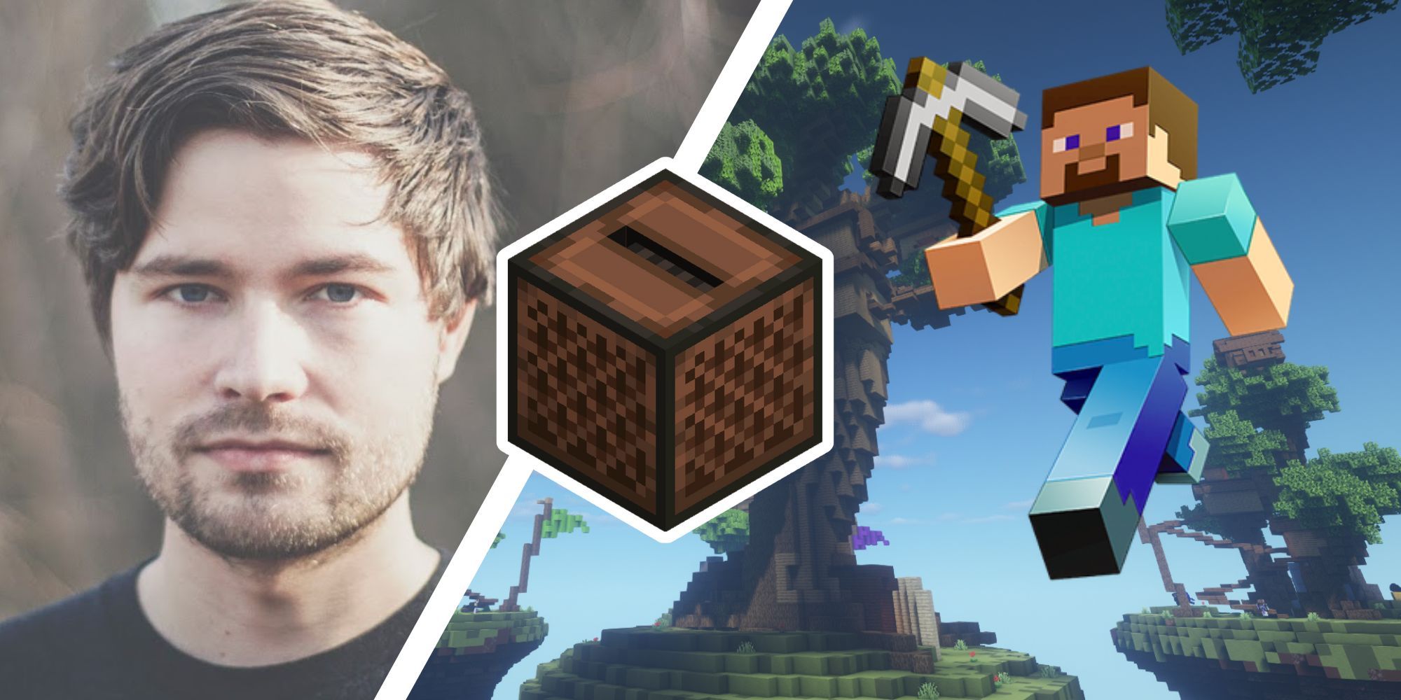 A split image of C418, a jukebox, and Steve from Minecraft.