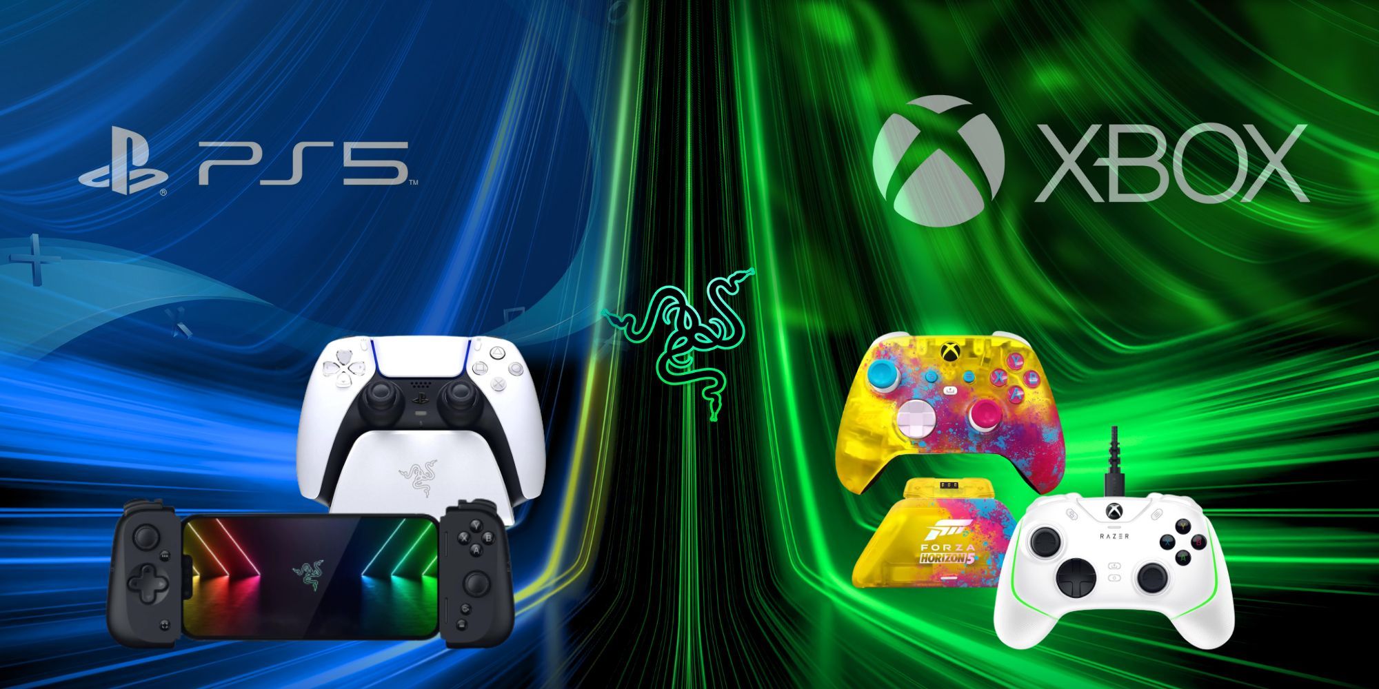 Razer wallpaper with the blue PS5 & green Xbox logos with various products on the background