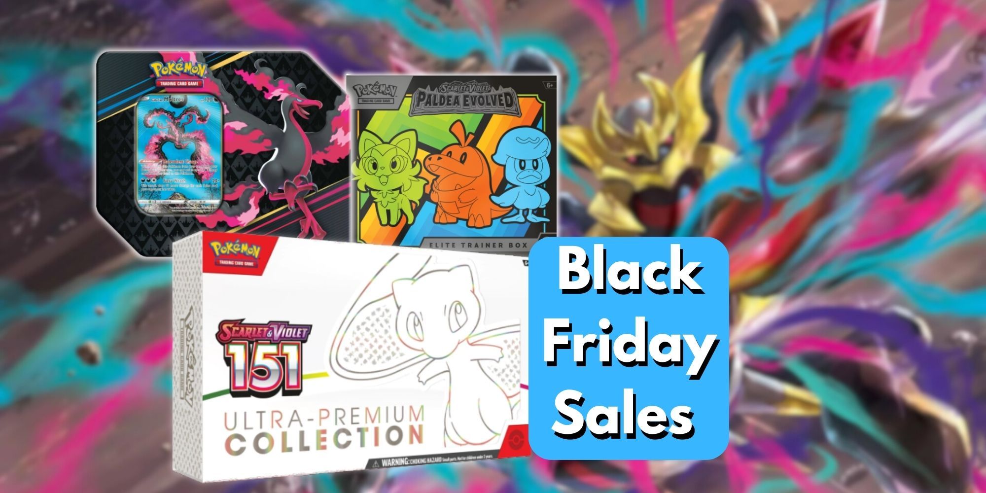 Product images from Pokemon TCG on a Giratina blurred background the a Black Friday Sales text box