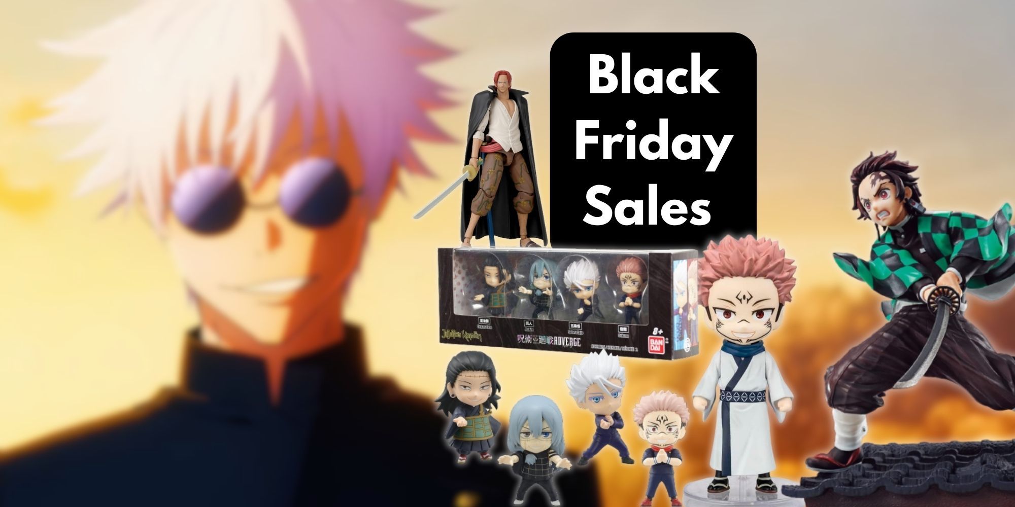 Anime figure products on a blurred background of Gojo from Jujutsu Kaisen with Black Friday Sales text