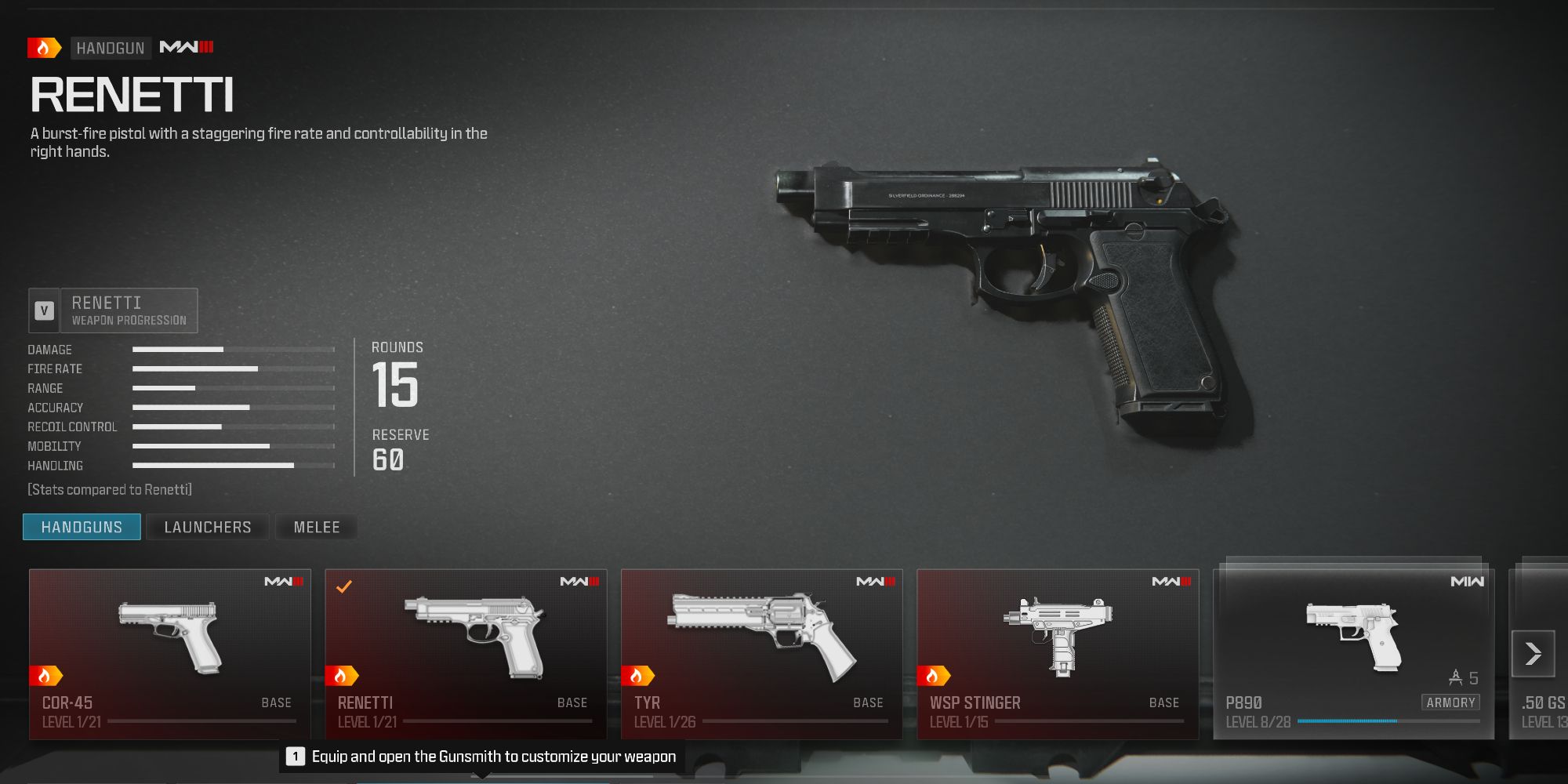 Screenshot showcasing the Renetti in Modern Warfare 3