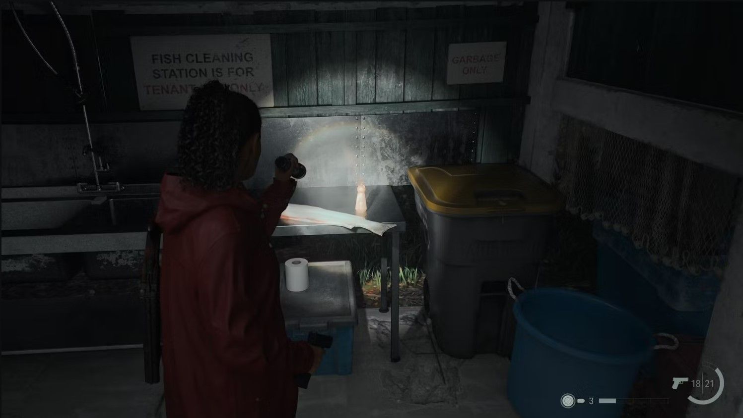 The player standing in front of the Bear Doll's Location in Alan Wake 2