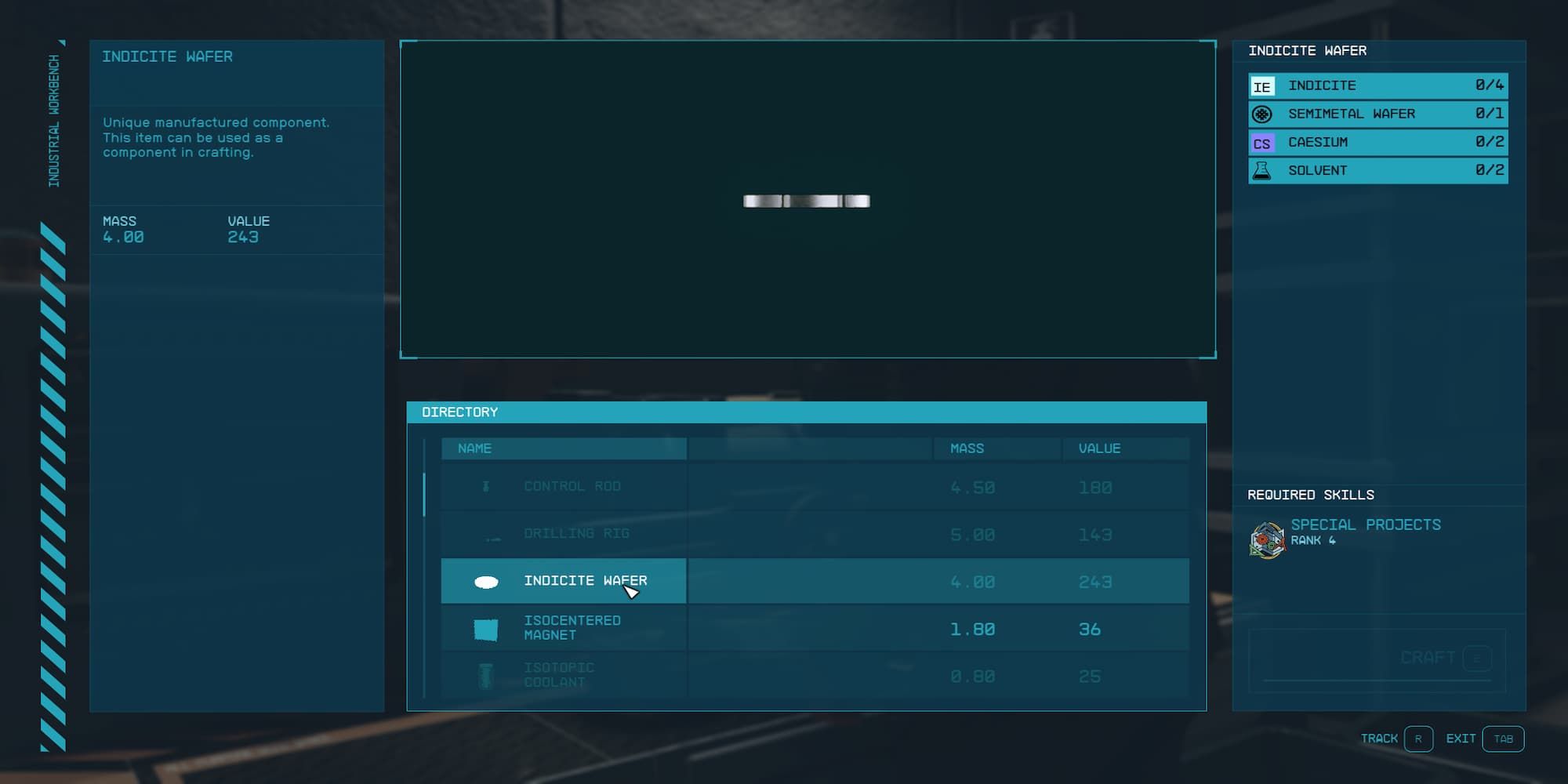 The Indicite Wafer Crafting Menu