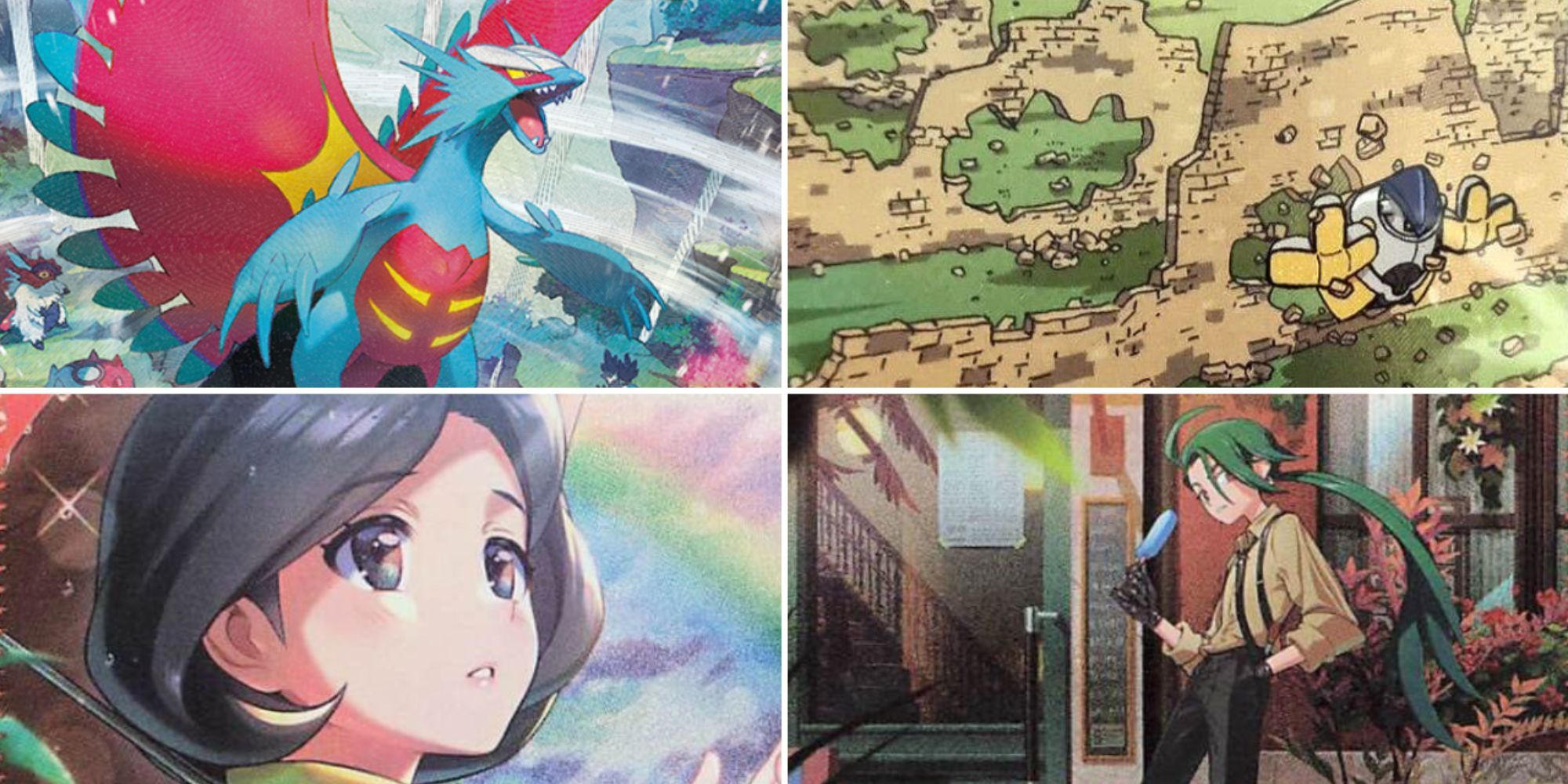 Split image of Roaring Moon, Iron Hands, Parasol Lady, and Rika from Pokemon TCG Paradox Rift