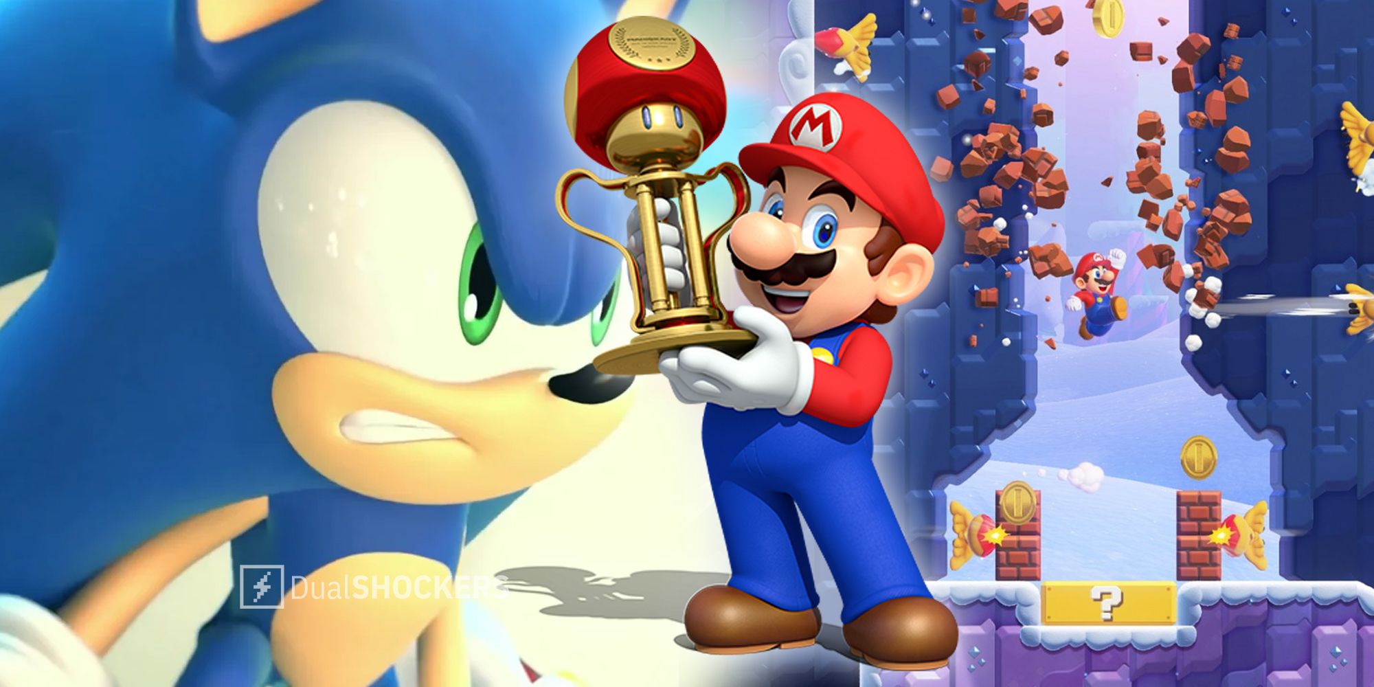 Sonic and Mario with trophy and Super Mario Bros Wonder gameplay