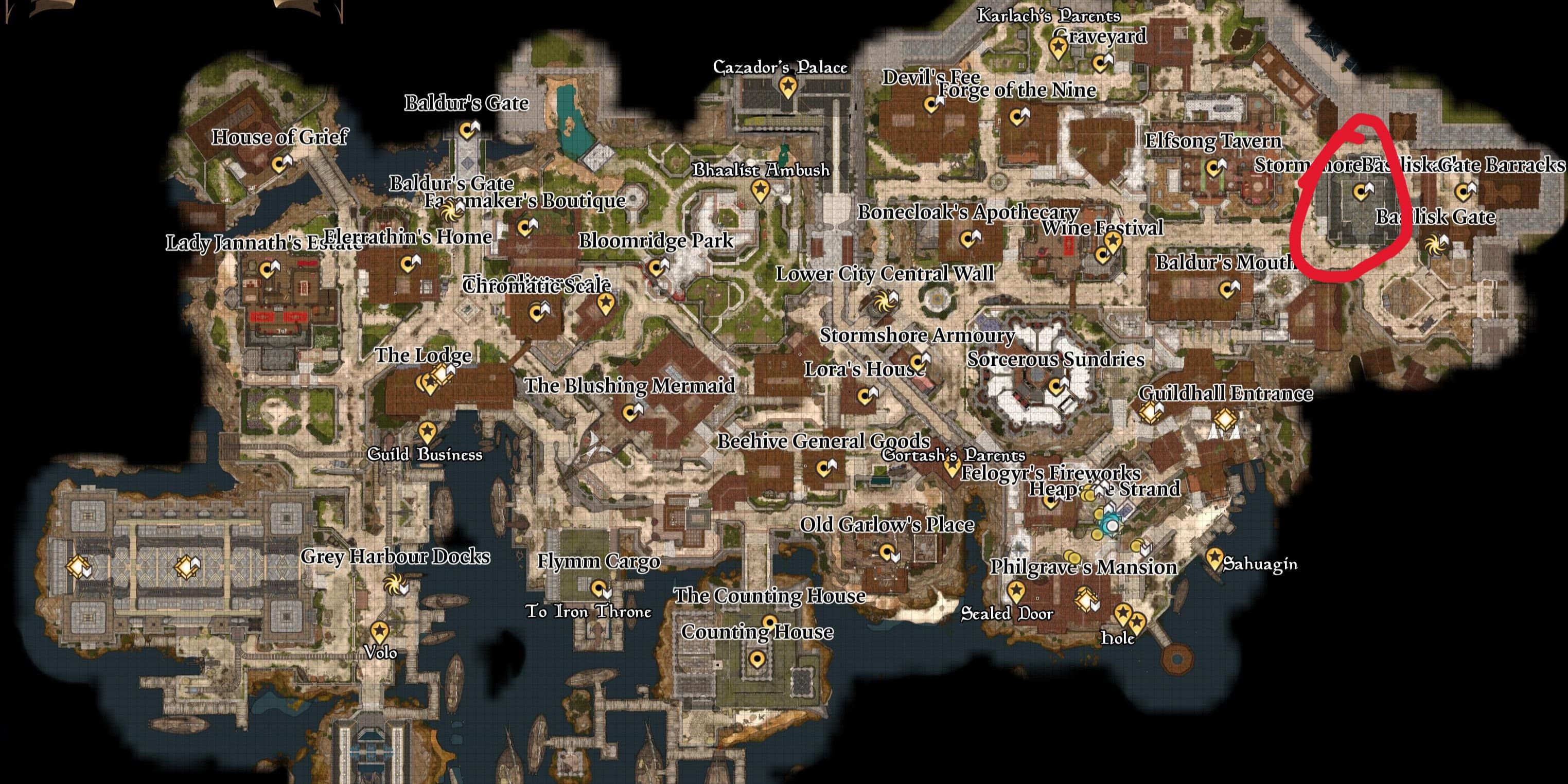 The location of the Stormshore Tabernacle circled in red on a map of the Lower City in Baldur's Gate 3.