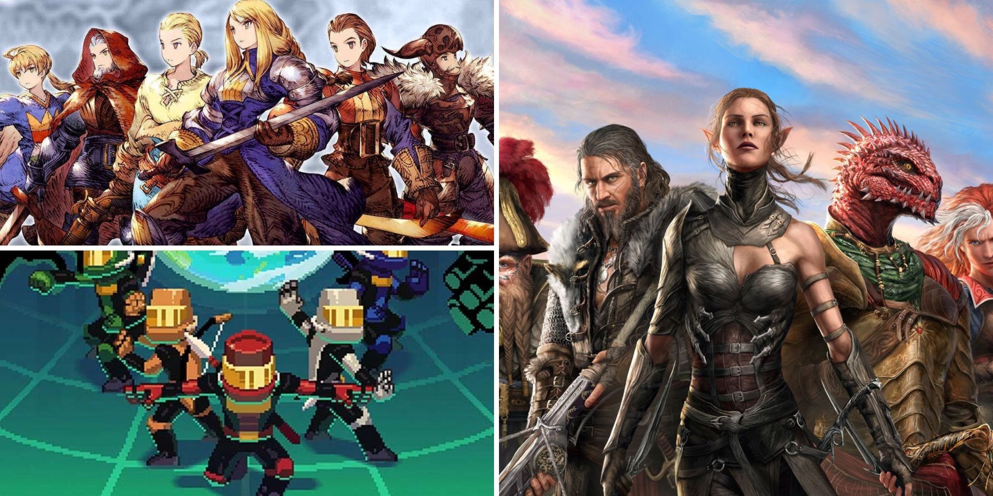 Collage of the best tactical rpgs (Chroma Squad, Final Fantasy Tactics, Divinity: Original Sin 2)