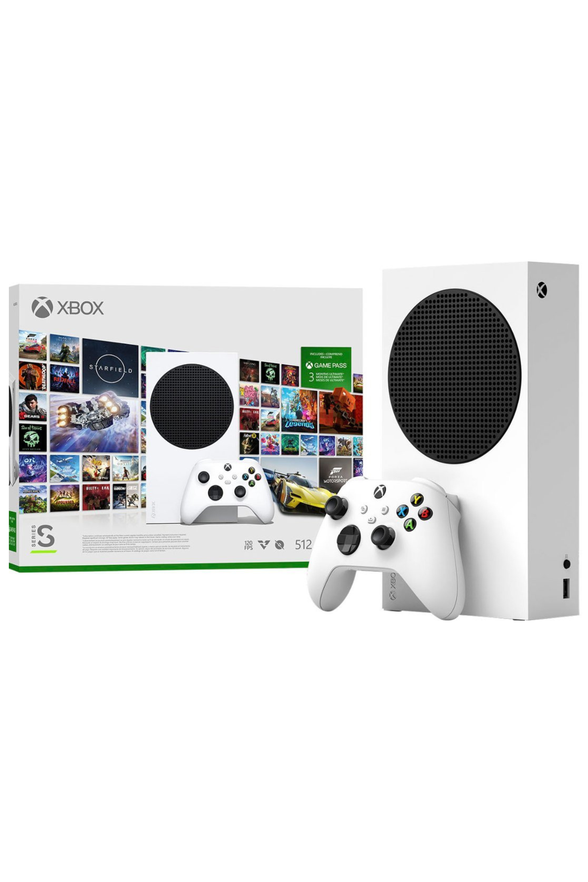 Still of the Xbox Series S console and controller in white with the box behind