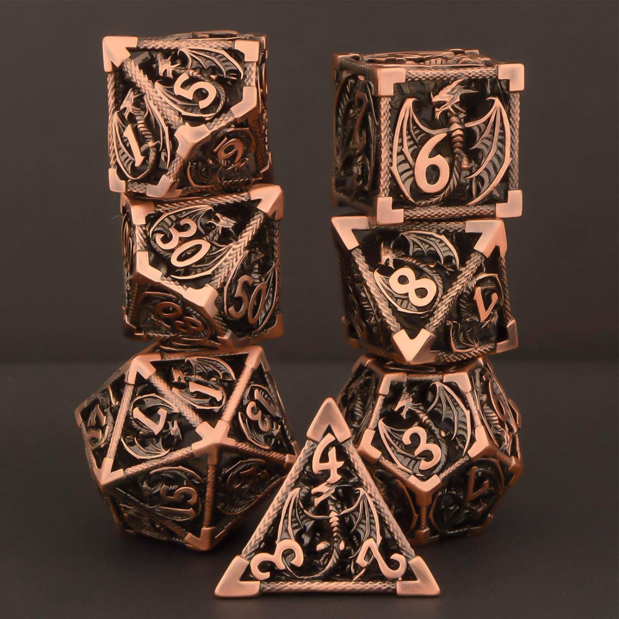 Product still of the KERWELLSI D&D Hollow Metal Dice Set on a white background
