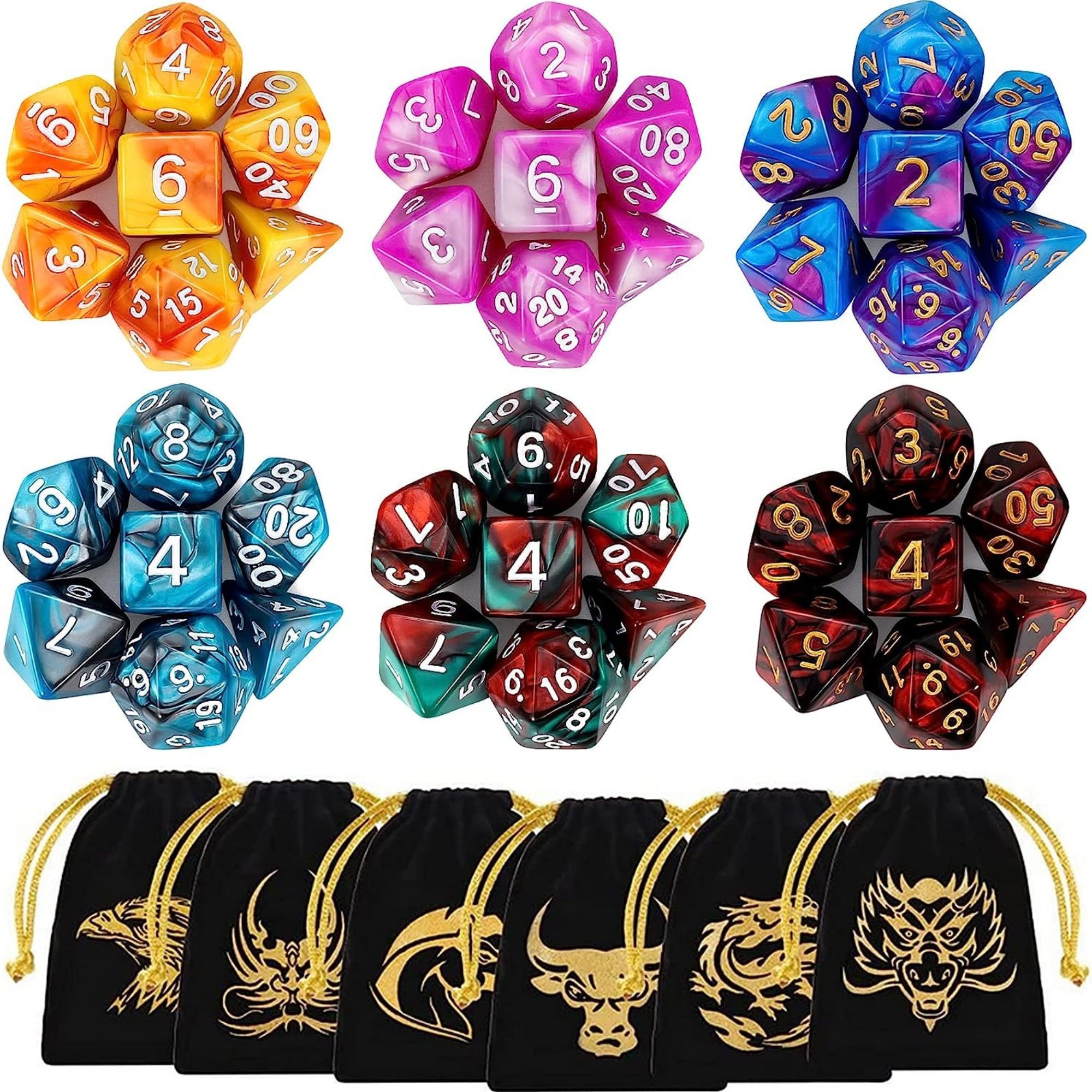 Product still of the QMay 6x7 D&D Double-Color Dice Sets on a white background