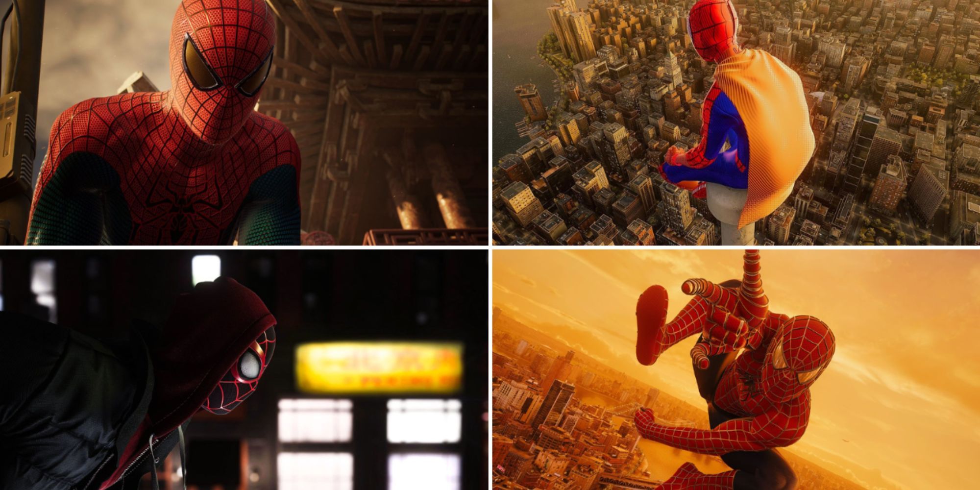 Split image of Spider-Man looking down in Chinatown, Miles Morales dressed in a homemade suit sitting overlooking the city, Miles wearing his black suit next to a takeaway sign and Spider-Man swinging in mid air with a yellow hue in Spider-Man 2