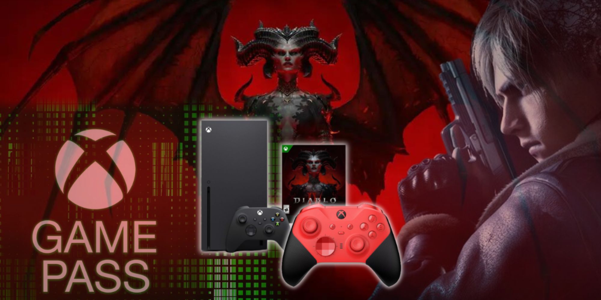 Game Pass 로고와 Xbox 제품을 둘러싸고 있는 Diablo 4의 Lilith와 Resident Evil 4의 Leon의 혼합 이미지
