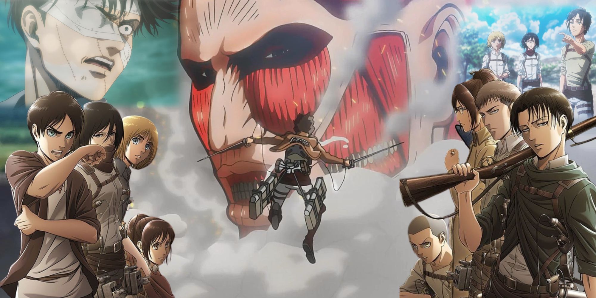 Blended image of a colossal titan looking at Eren in mid air with other characters surrounding the frame from Attack on Titan