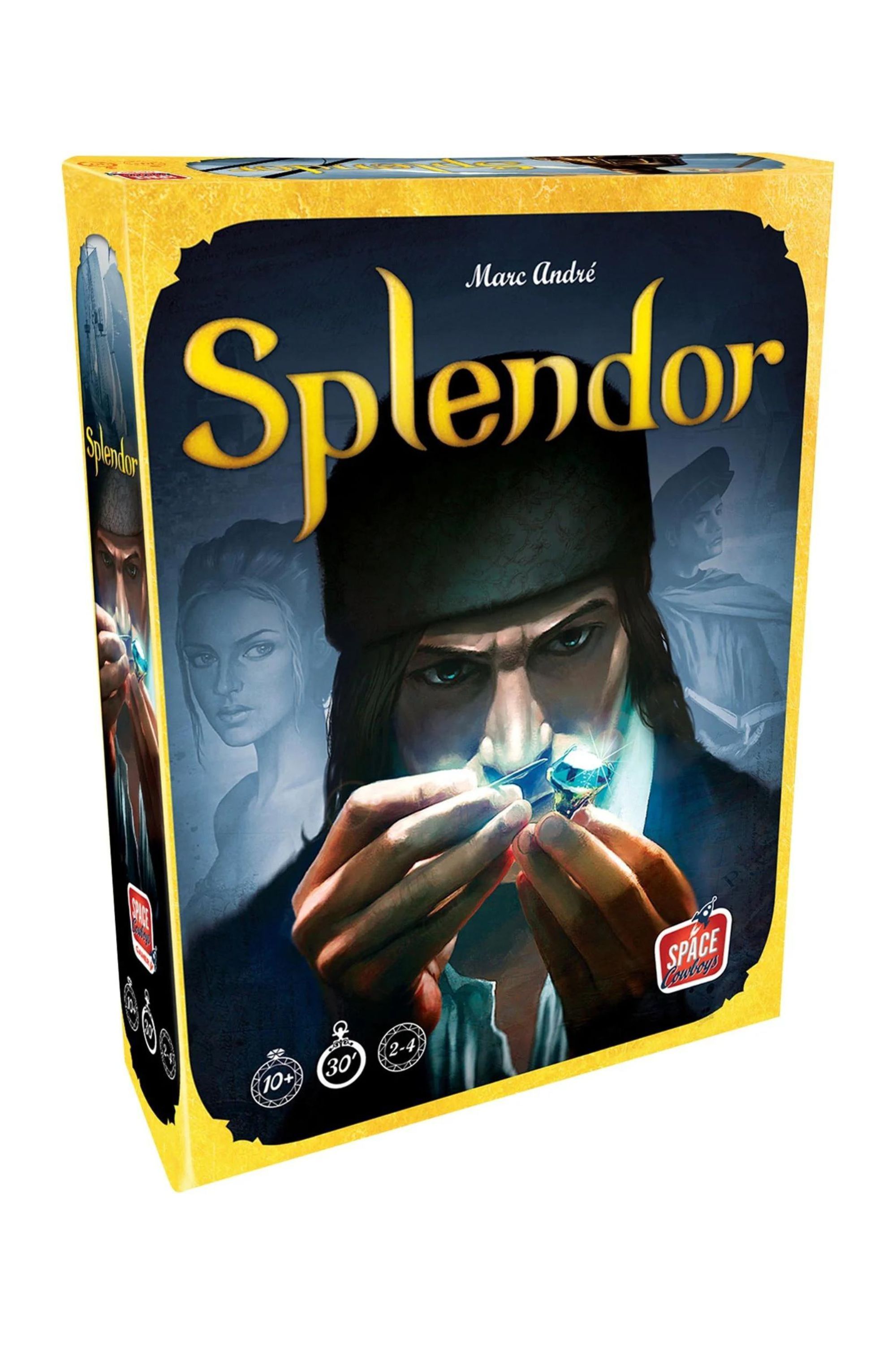 Sản phẩm vẫn từ trò chơi trên bàn Splendor, trong đó tác phẩm nghệ thuật thể hiện một người đàn ông cầm viên đá quý màu xanh lam trên nền trắng