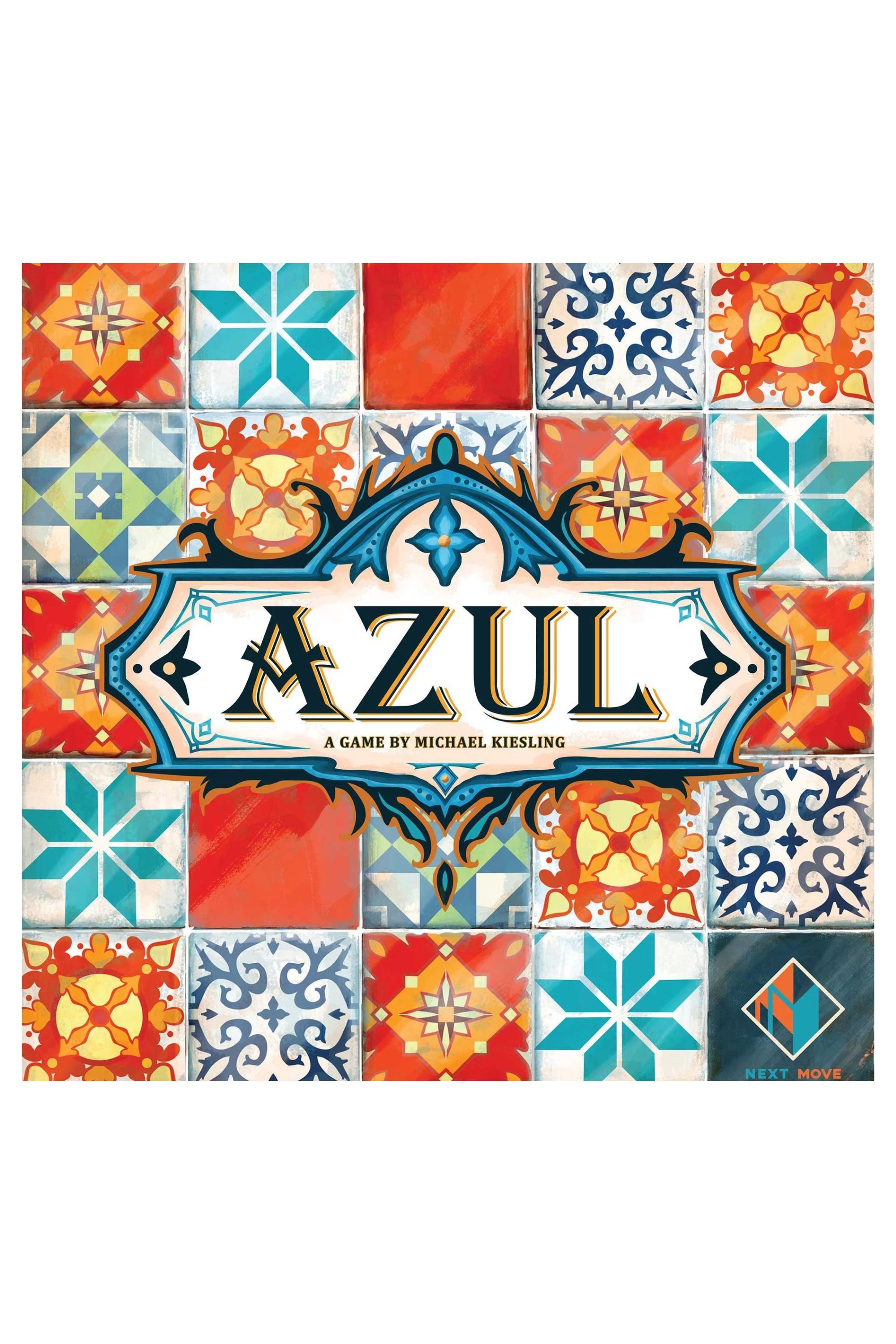 Sản phẩm tĩnh của trò chơi bảng Azul với tác phẩm nghệ thuật thể hiện hoa văn khảm màu đỏ và xanh trên nền trắng.