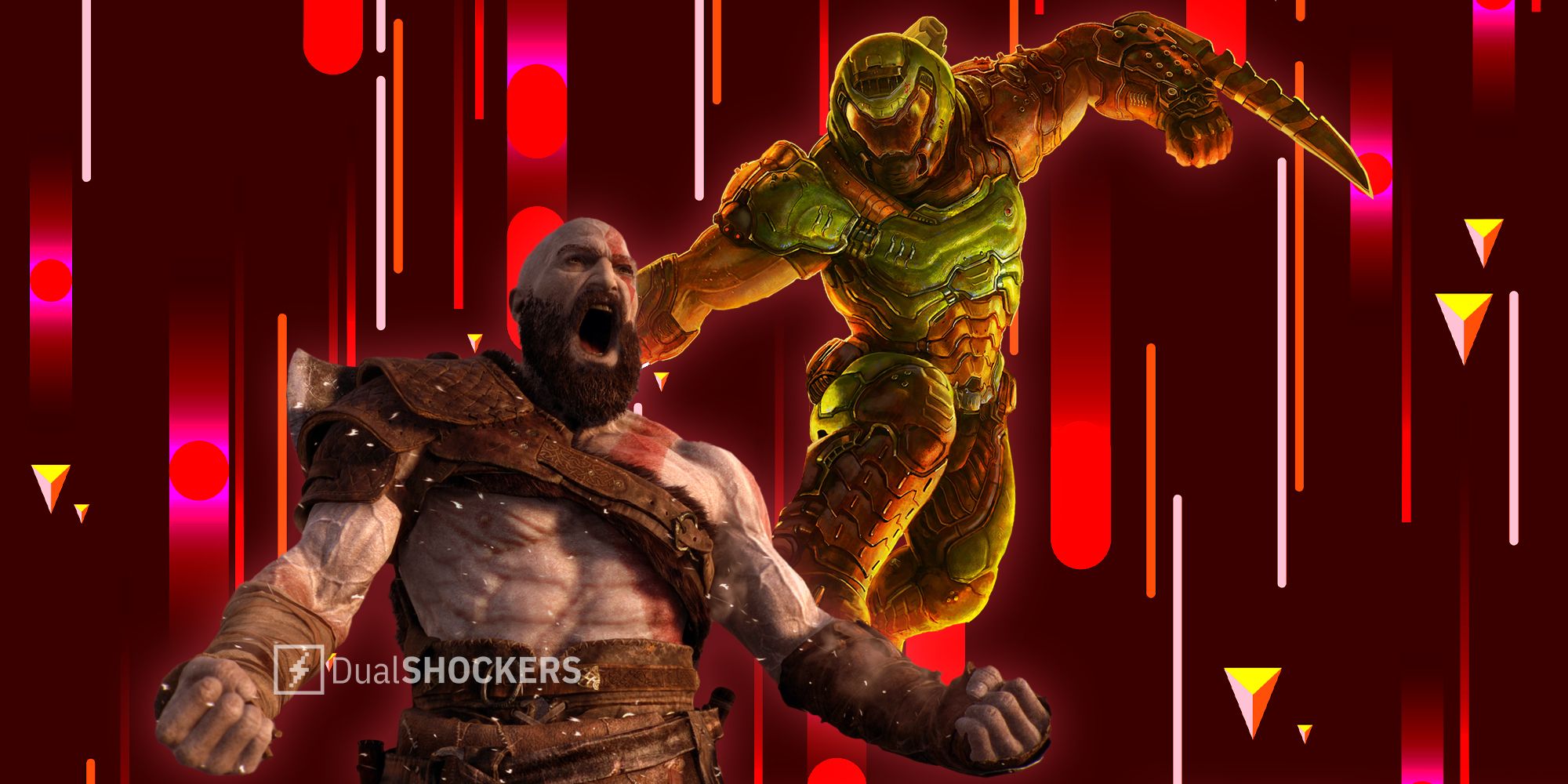 God of War Ragnarok Kratos and Doom Eternal Doom Slayer characters fighting