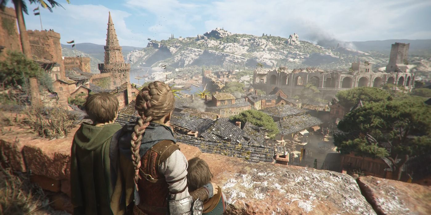 Amicia and Hugo looking at the city in A Plague Tale Requiem