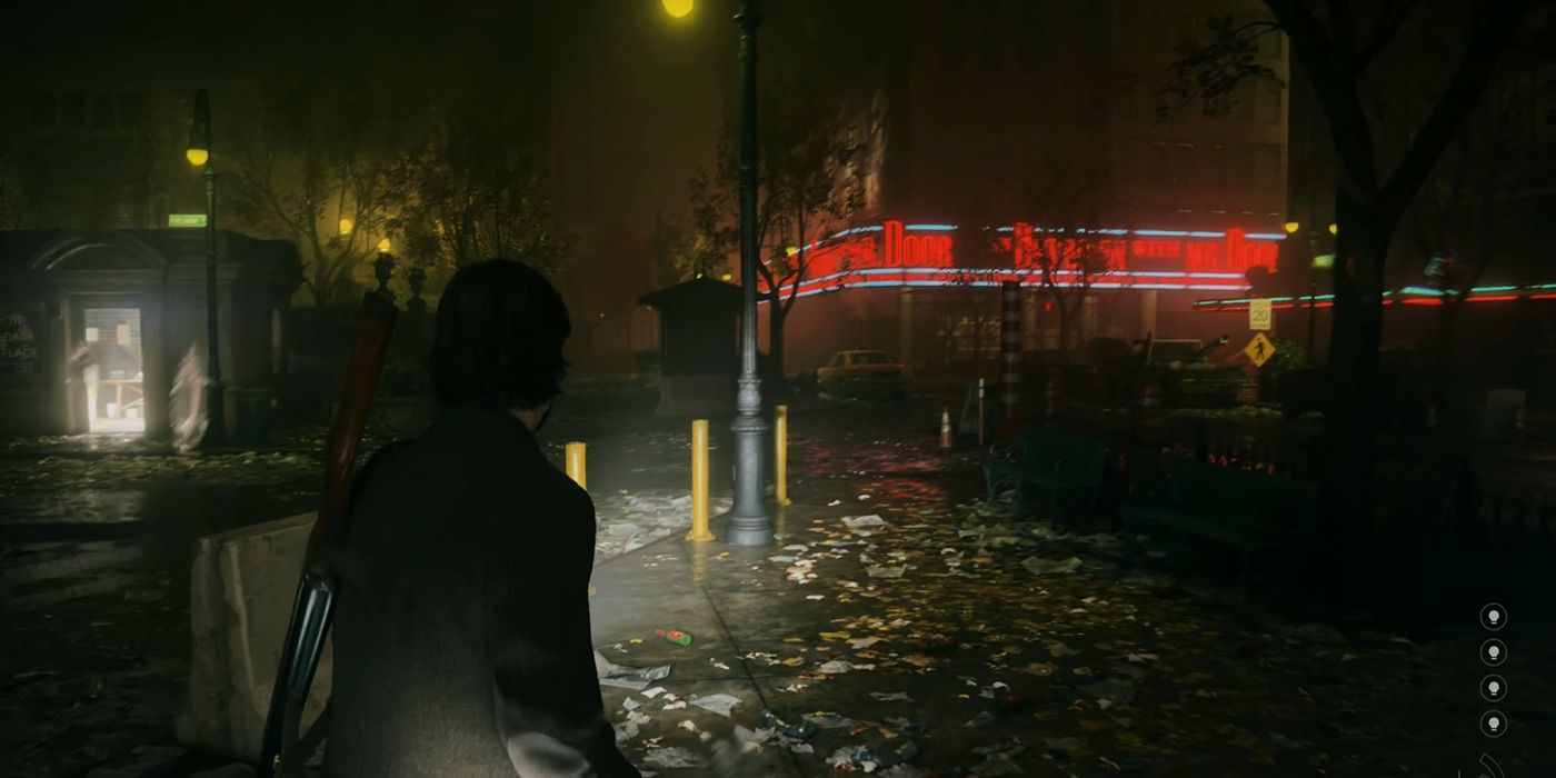 Alan Wake exploring a main city block in Alan Wake 2