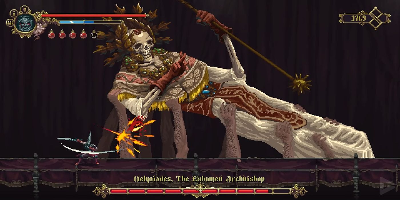 Character fighting a boss in Blasphemous