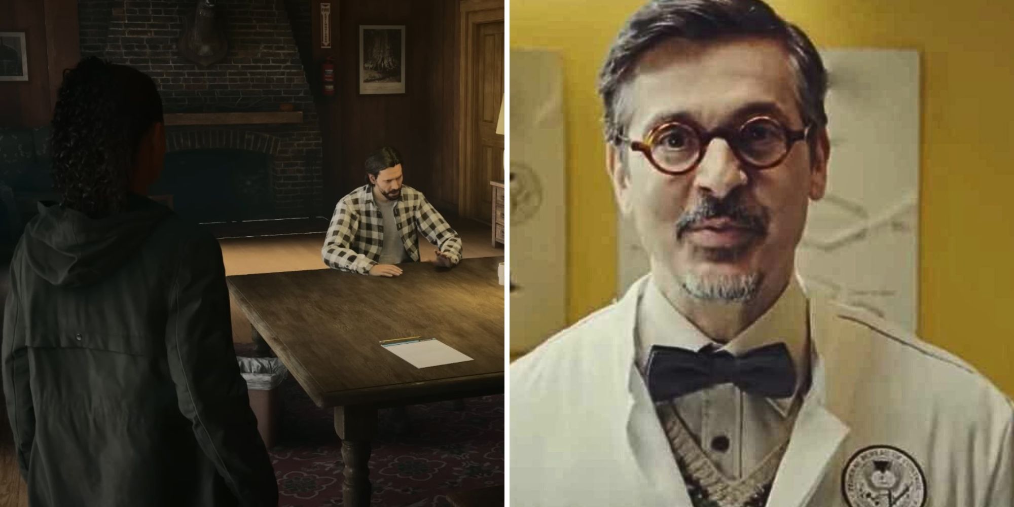 The Alan Wake 2 character is showcasing Alan's flannel and Dr. Casper as a couple of the many Easter Eggs in the game.