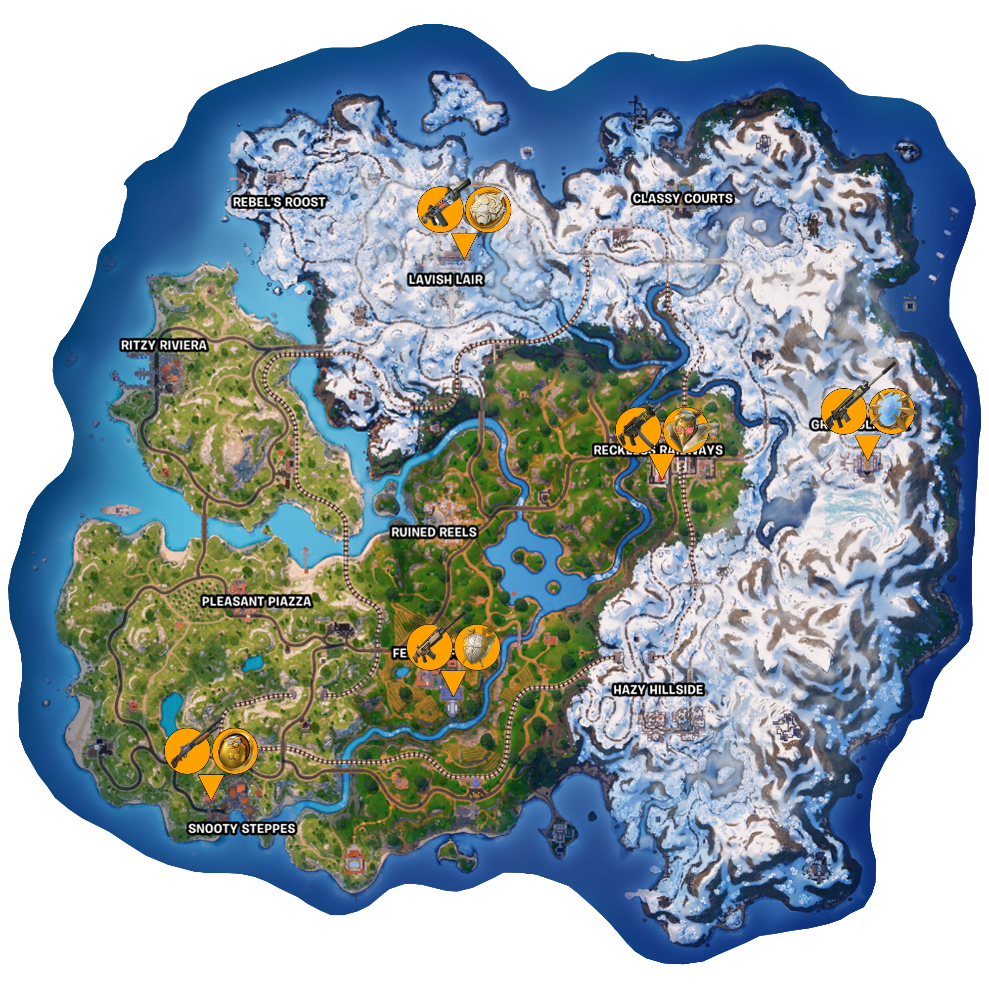 Fortnite Chapter 5 Season 1 all Mythic weapon and Medallion locations map overview - updated 