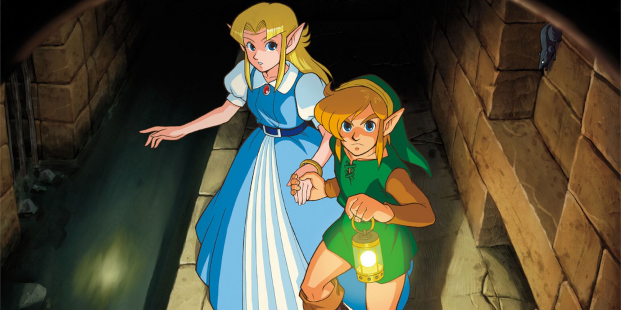 Link and Zelda travelling through the sewers in link to the past