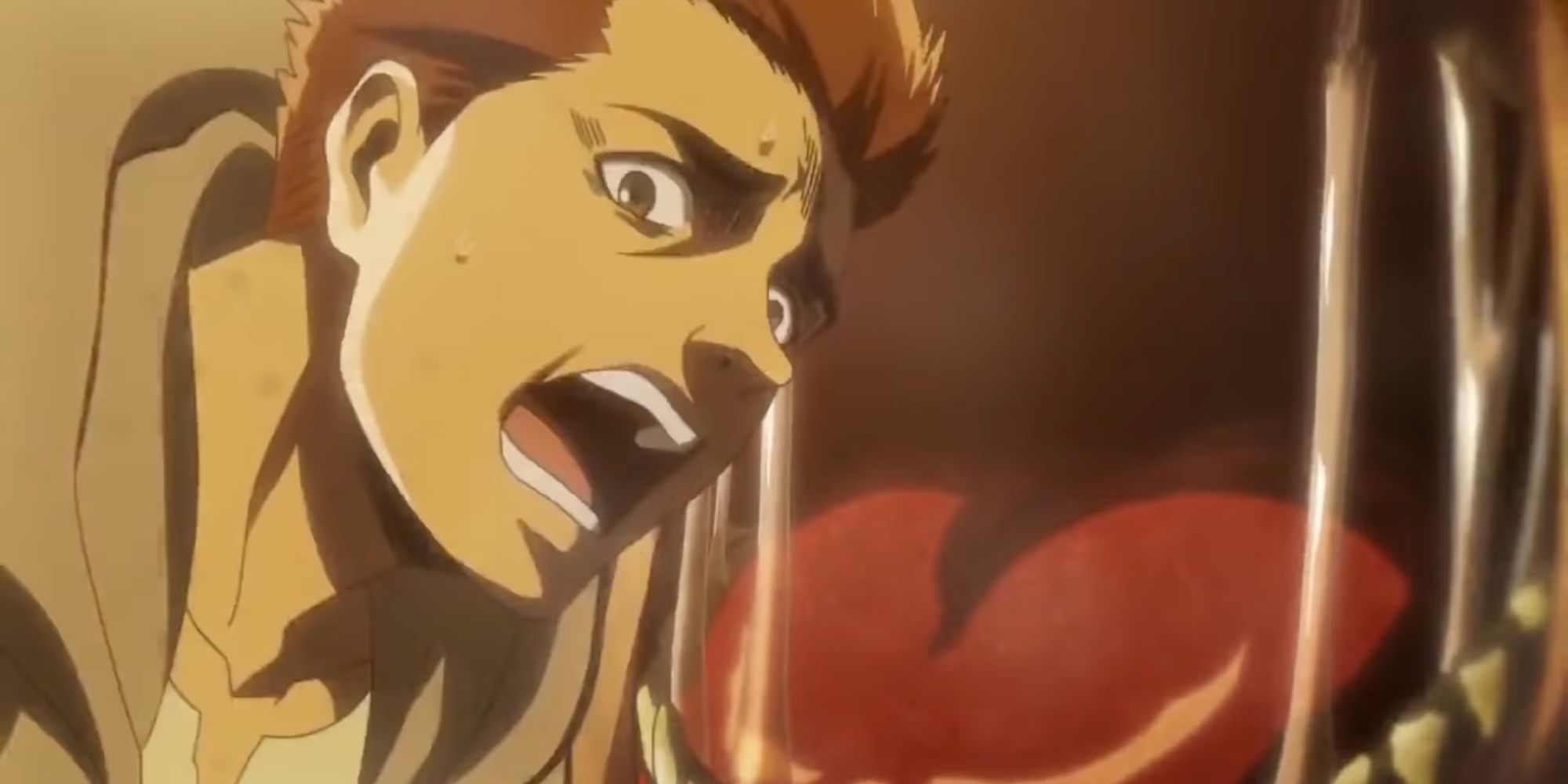Marcel Galliard with a horrified expression as he is about to be eaten by Ymir in her pure titan form