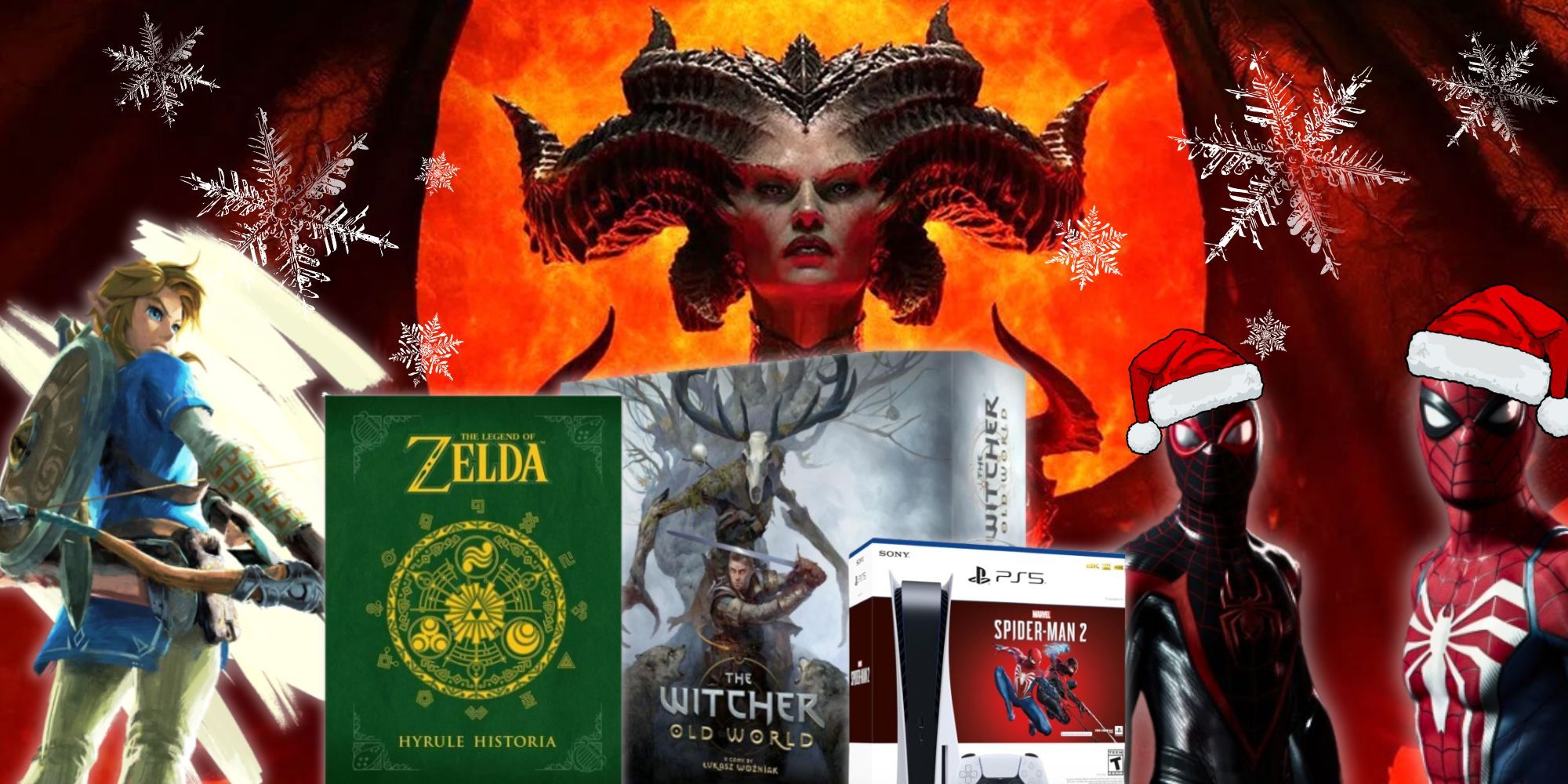 Banner image of Lilith from Diablo 4, Spider-Man & Miles Morales with Santa Hats, Link with a bow and arrow and gaming products 