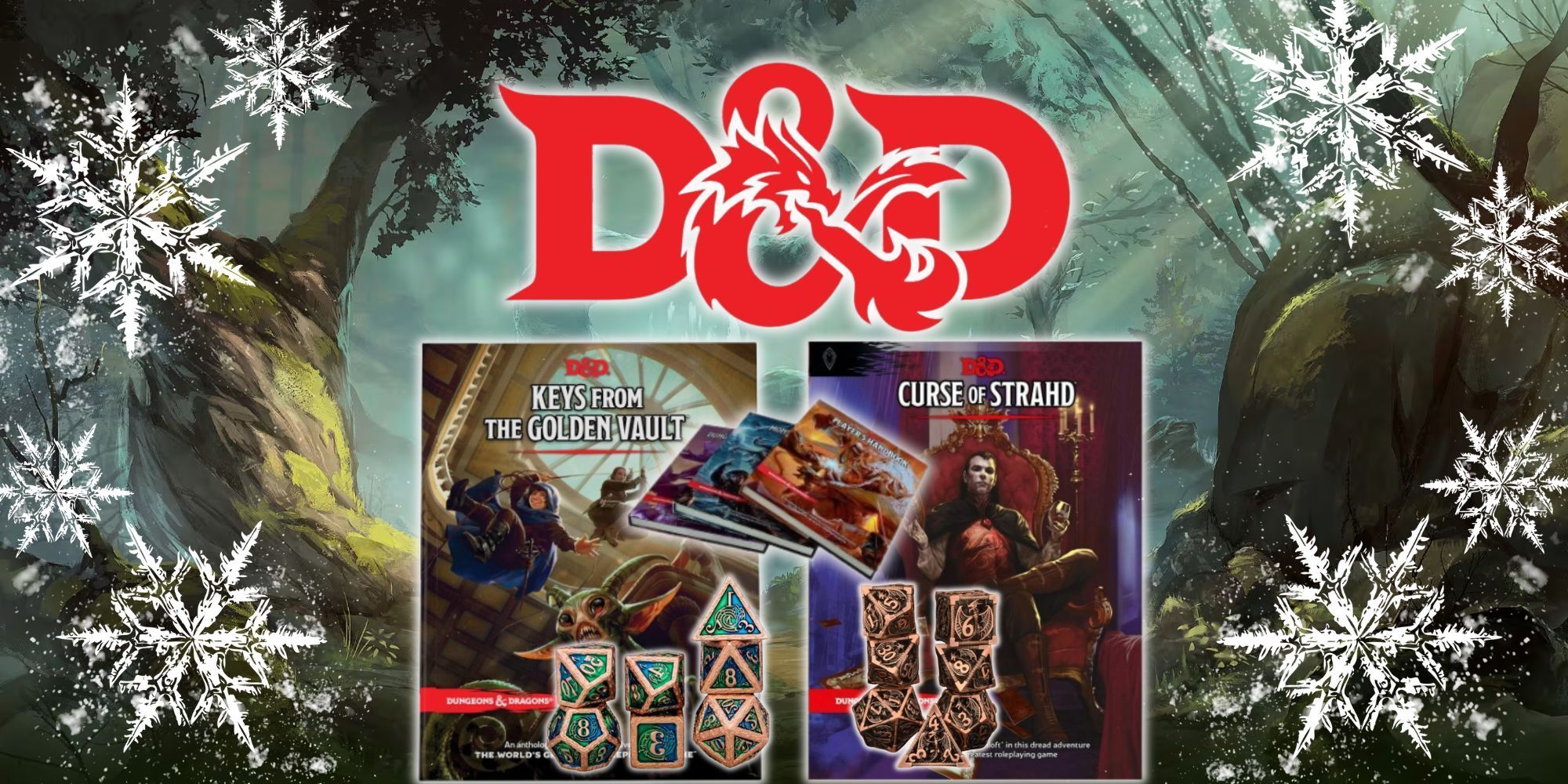 D&D Christmas Product Banner showing D&D books & dice with snowflakes