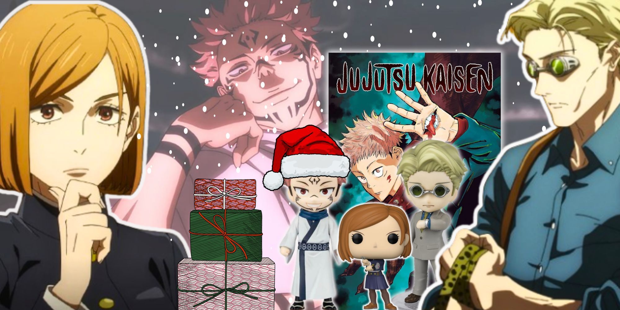Christmas product banner with Kugisaki, Nanami, and Sukuna with Jujutsu Kaisen figures with a santa hat and Christmas presents