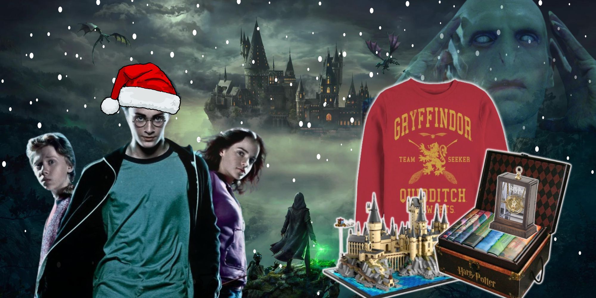 Christmas product banner with Ron, Hermione, and Harry wearing a Santa hat next to Harry Potter products on a Hogwarts Legacy background