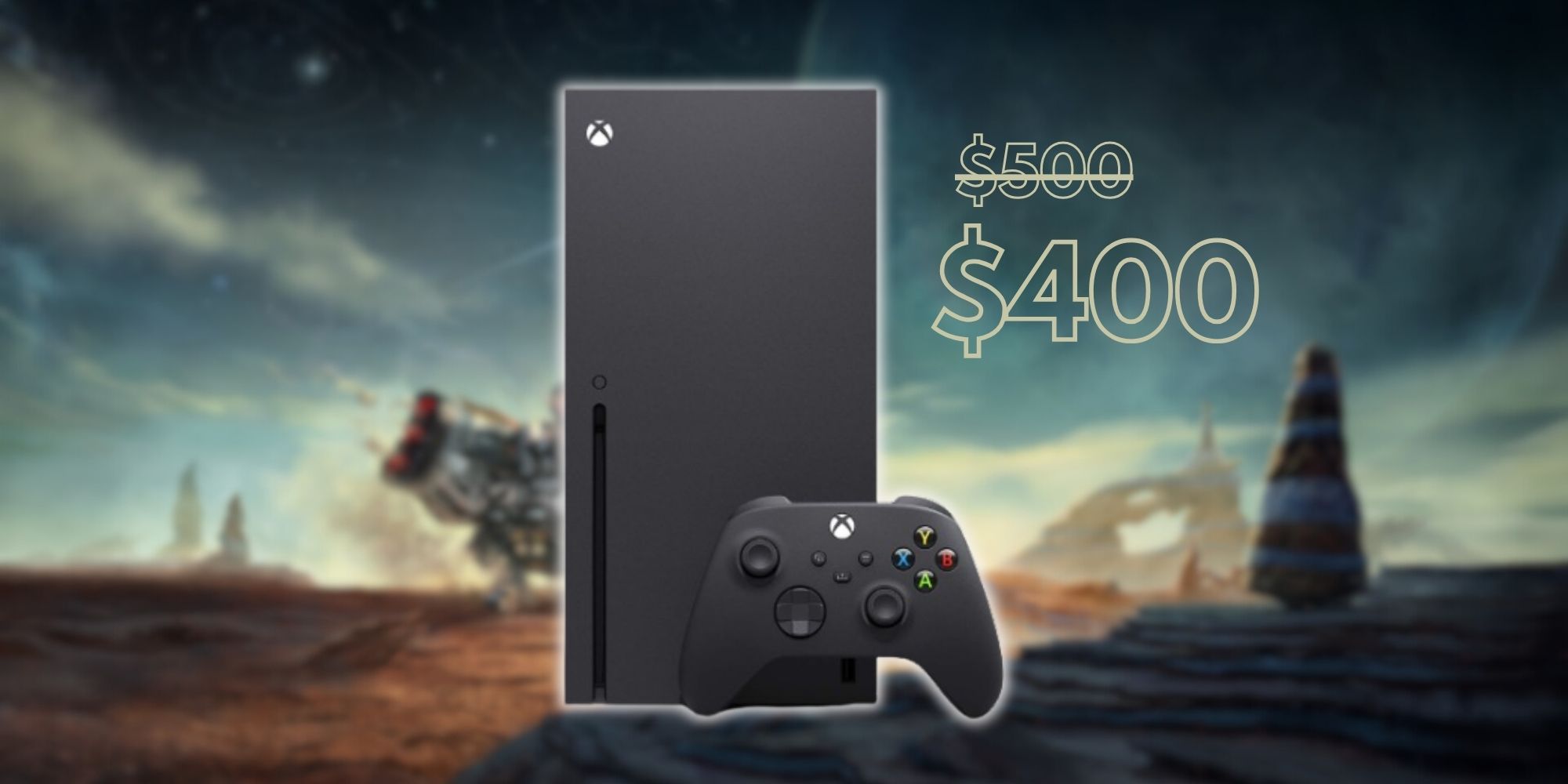 Blurred Starfield banner with a product image of the Xbox Series X console and controller with a price cut text box