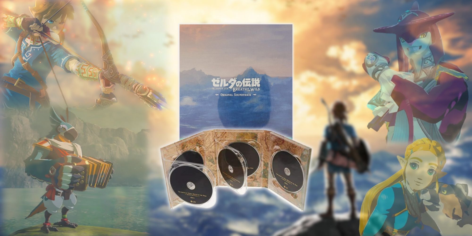 Feature banner with The Legend of Zelda Breath of the Wild Soundtrack surrounded by images of Link, Kass, Sidon and Zelda