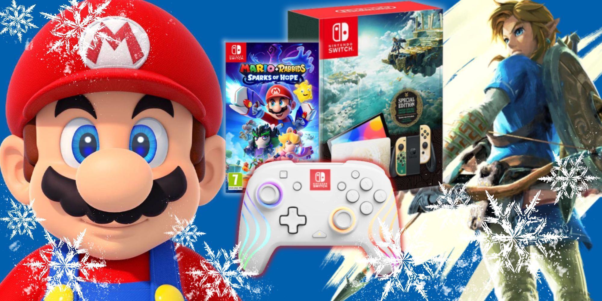 Collage image of Nintendo Switch consoles & games with Mario and Link either side and added snowflakes 