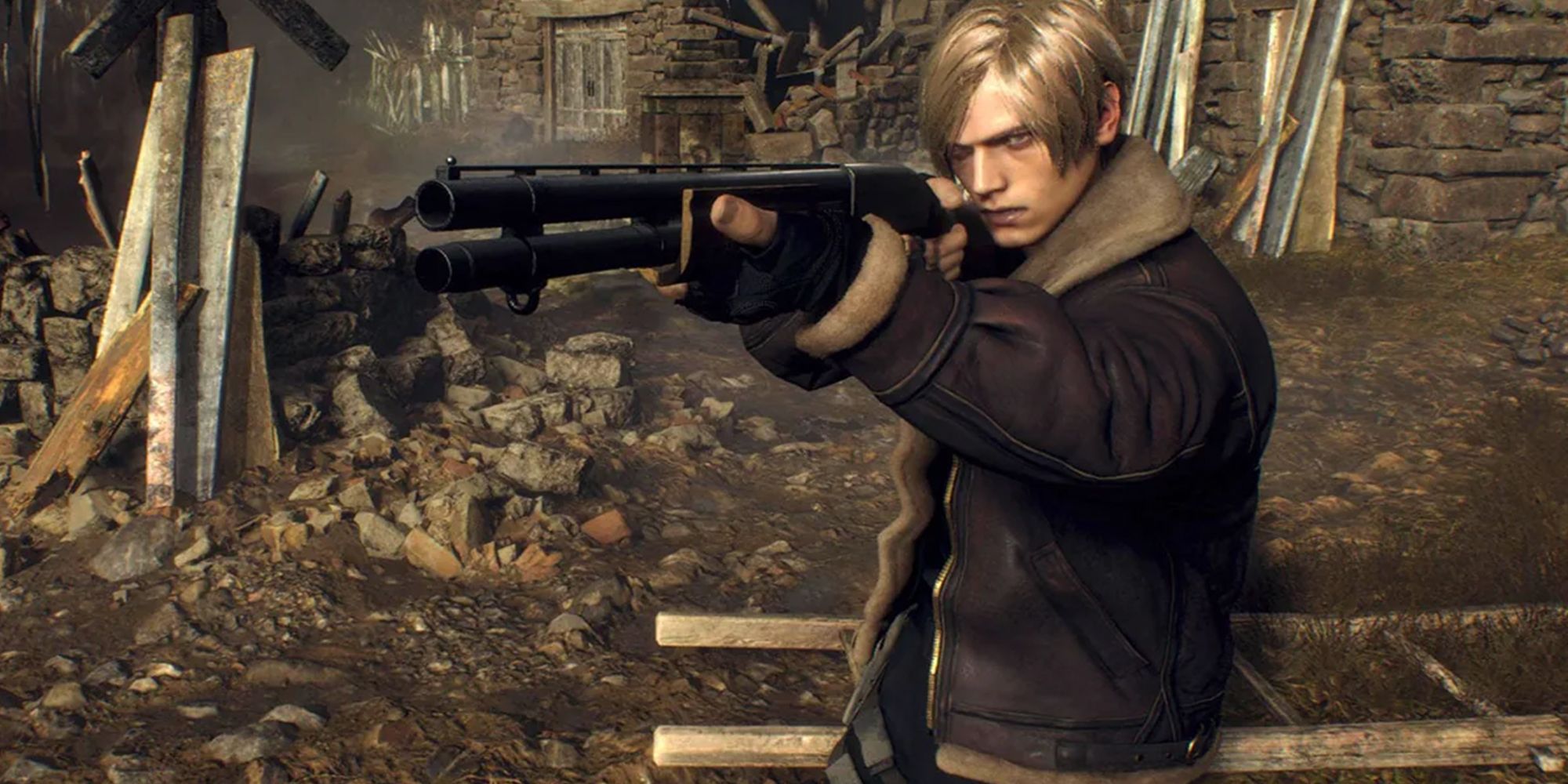 Resident Evil 4's Leon Kennedy aiming his gun.