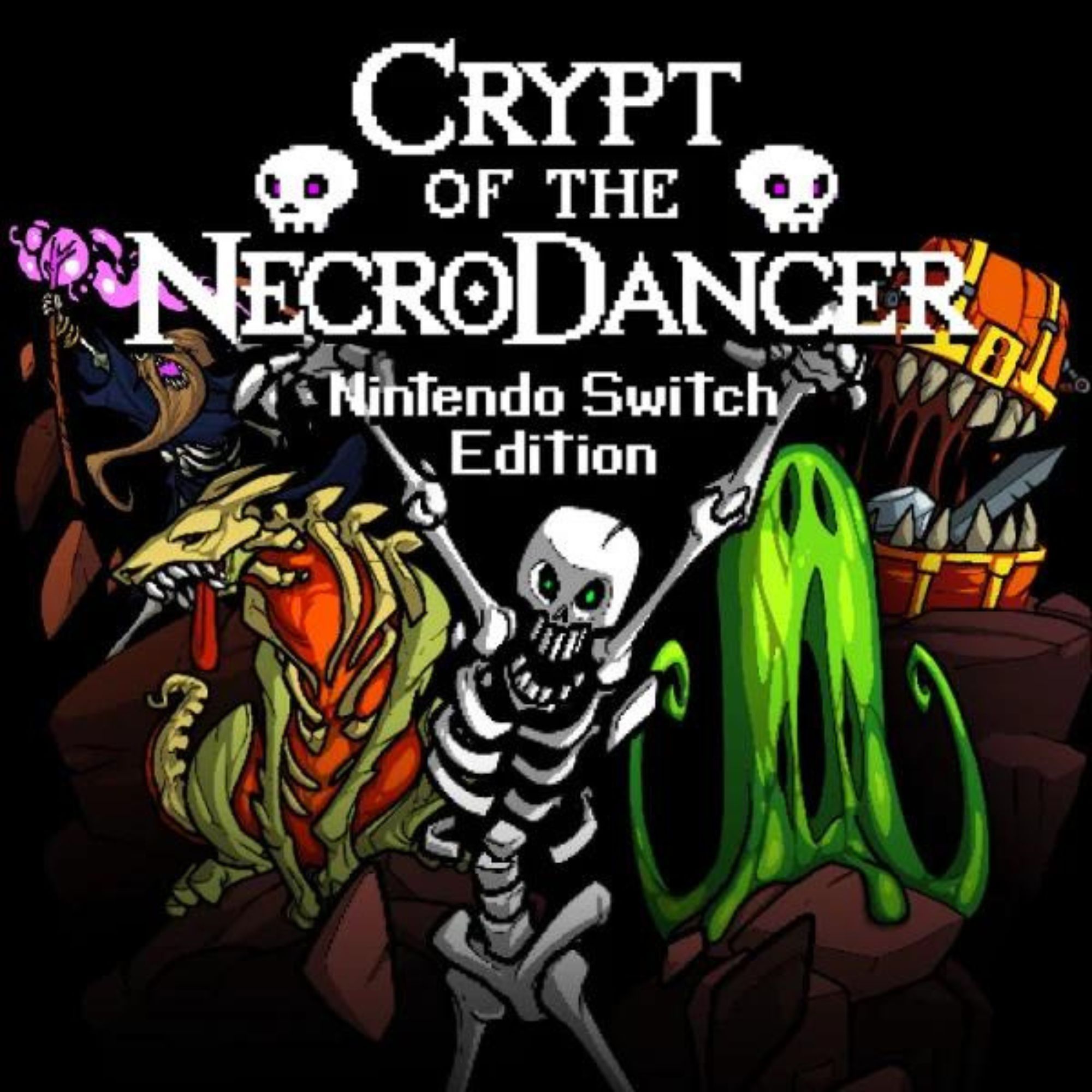 Cover image of Crypt of the NecroDancer 2000x2000 showing several characters including a skeleton and the logo