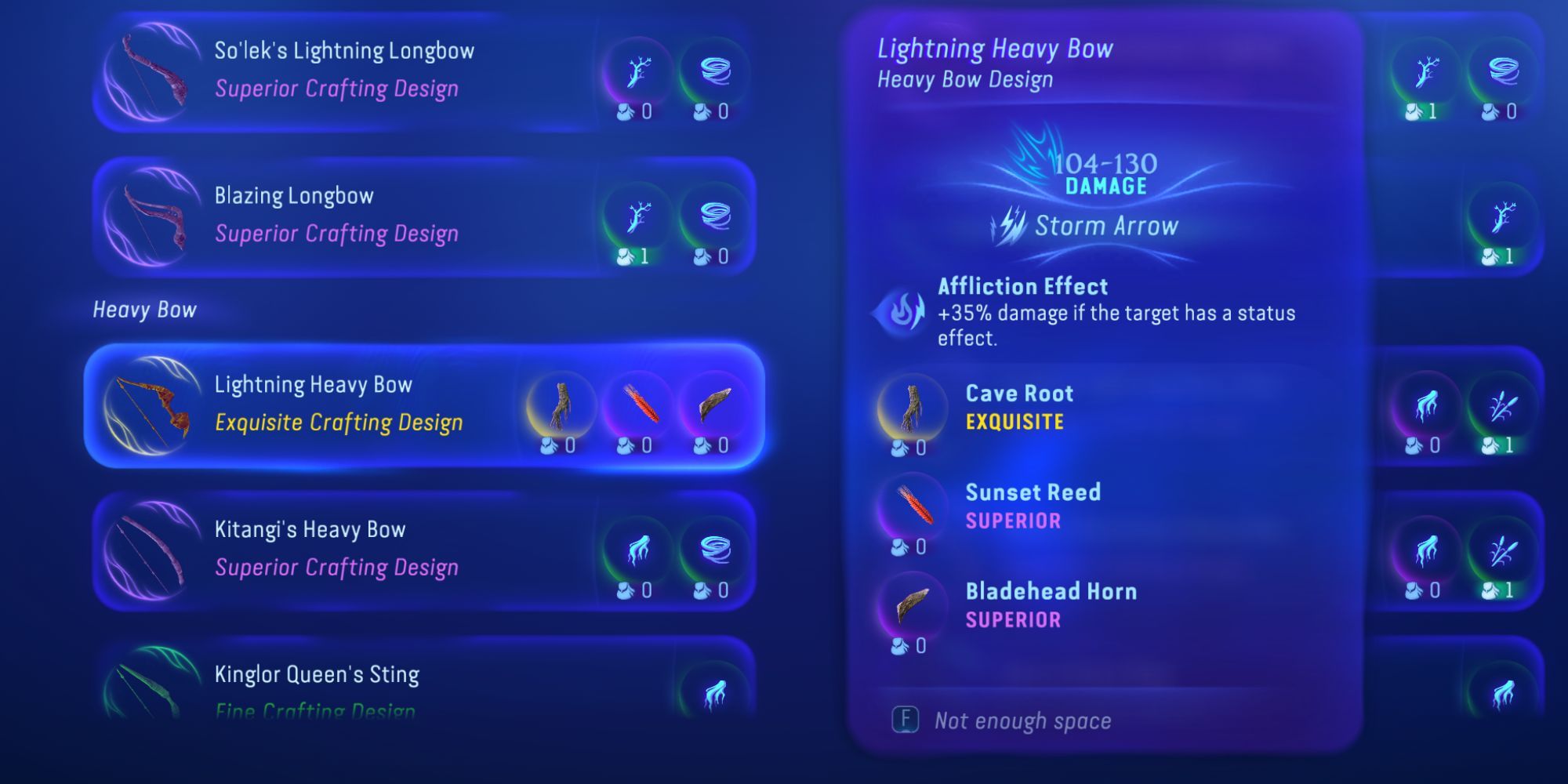 The recipe for the lightning heavy bow in the player's inventory