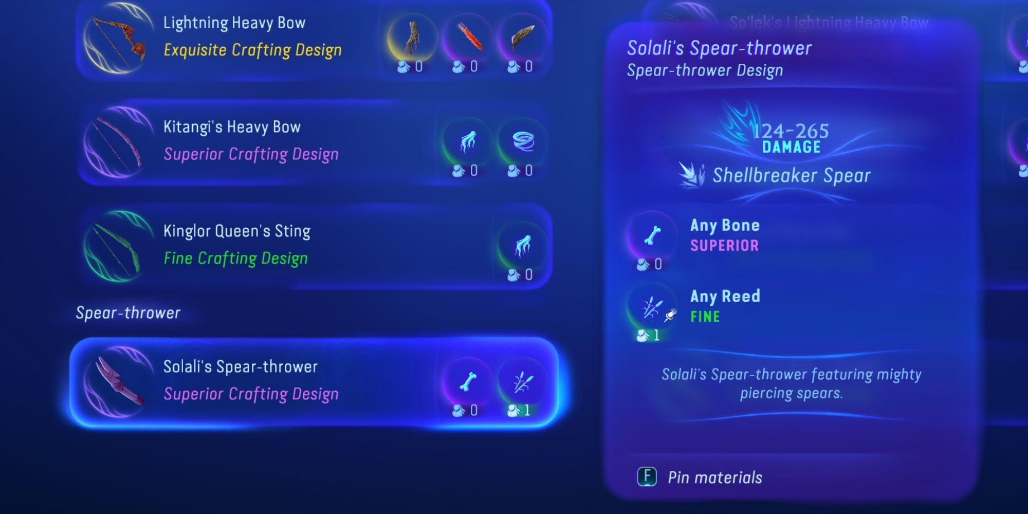 the recipe for solali's spear thrower in the players recipes screen