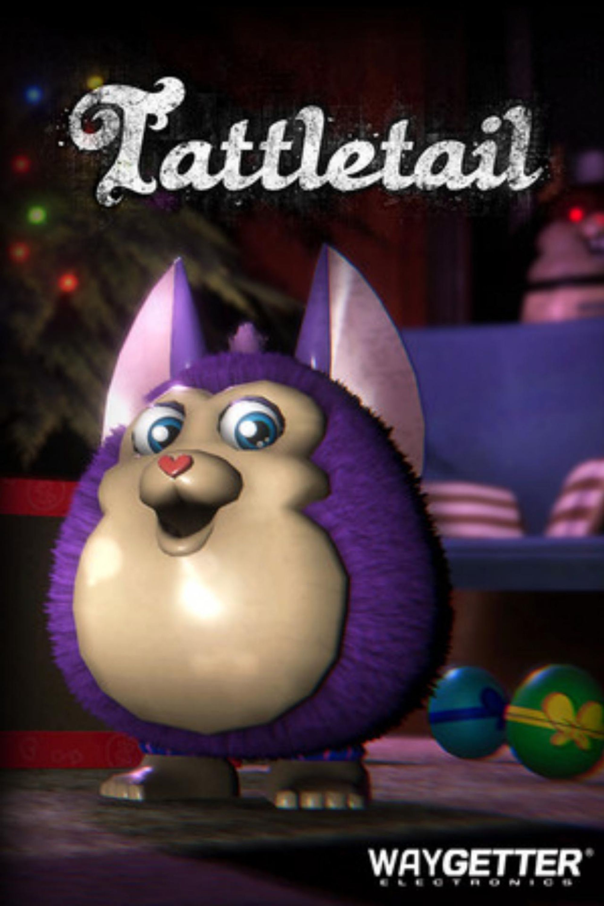 Cover image for the Tattletail video game showing a smiling purple fur toy