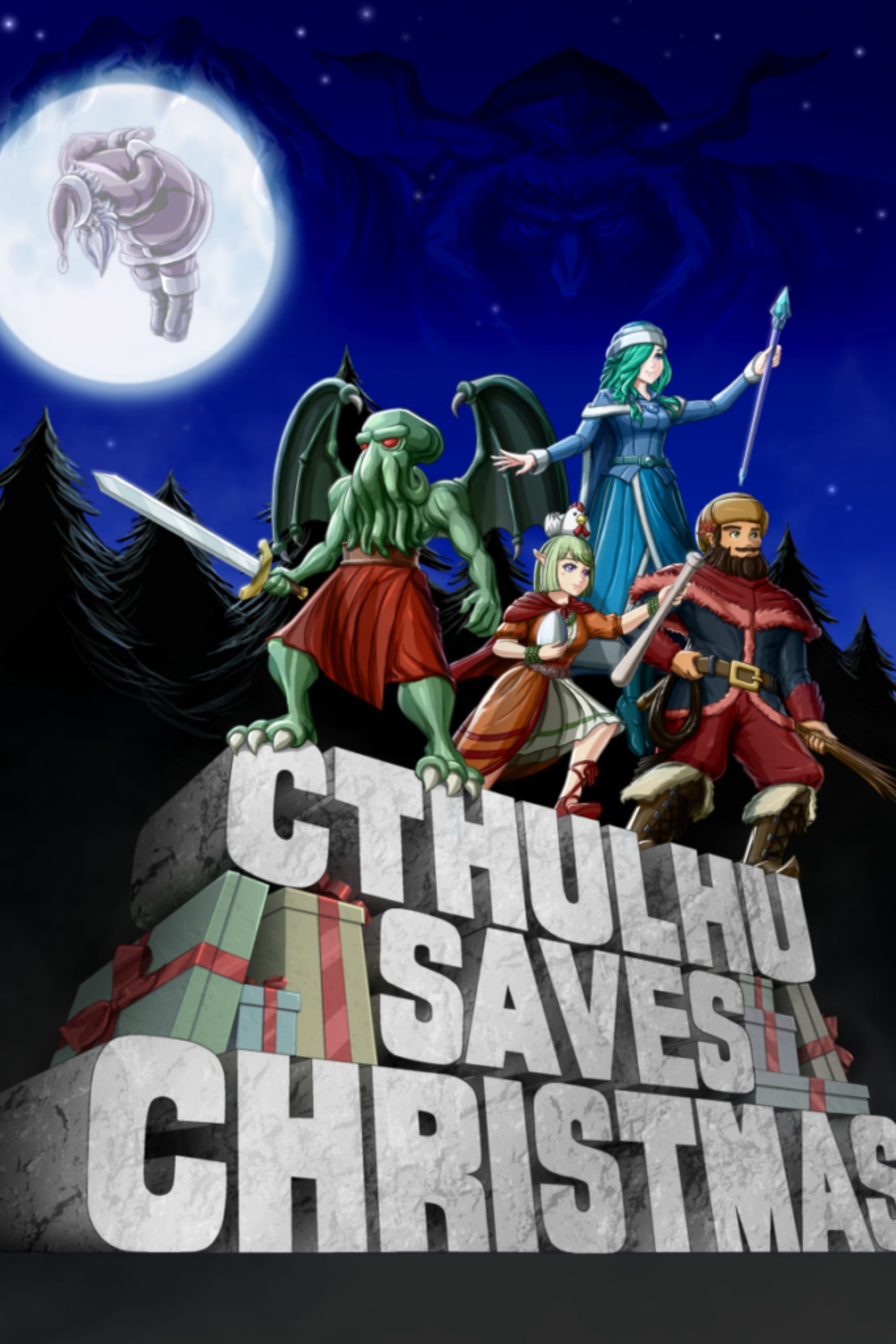 Cover image of Cthulhu Saves Christmas. The beast stands on the game's logo with a sword