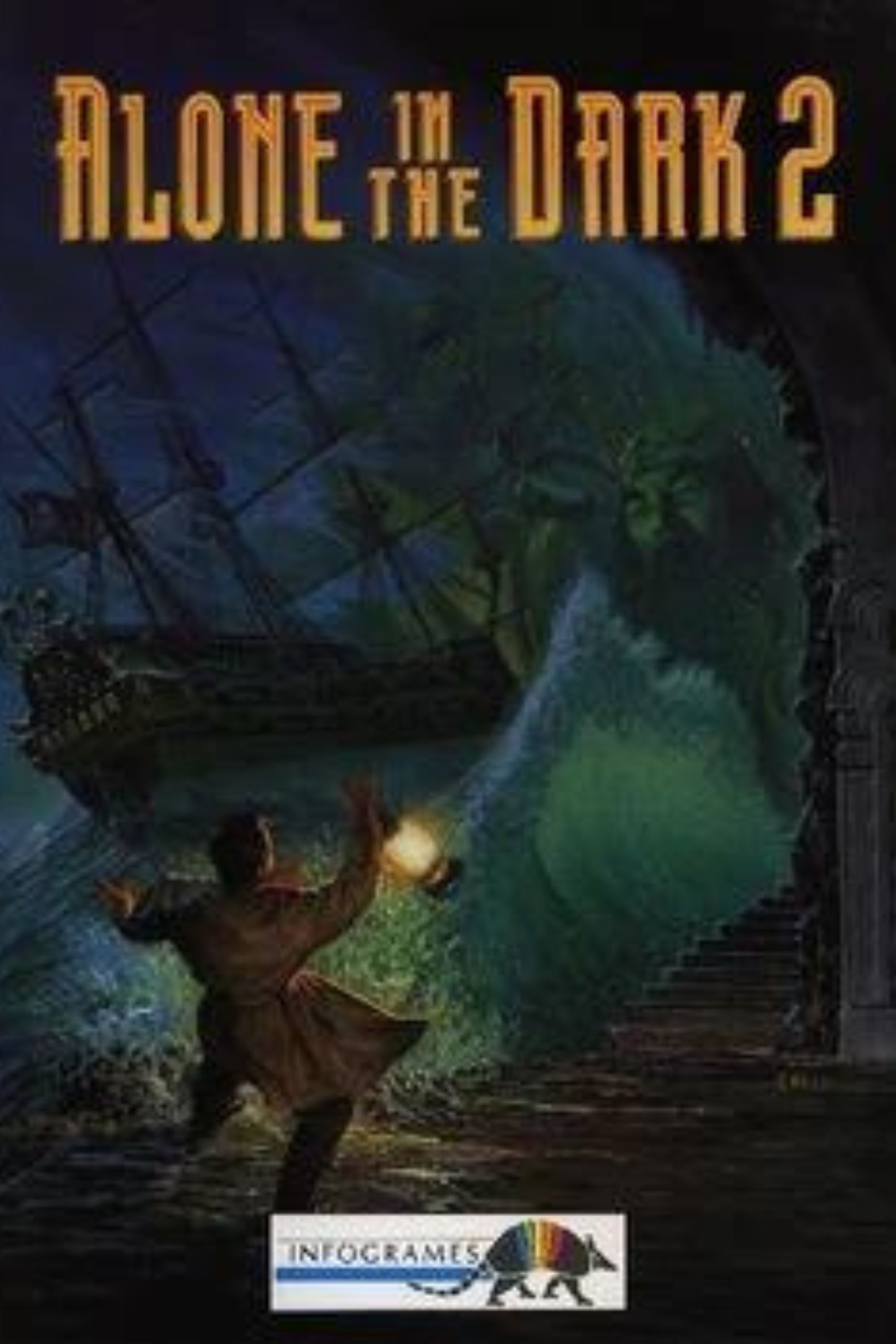 Cover image for Alone In The Dark 2 showing a character holding a lantern next to a ship