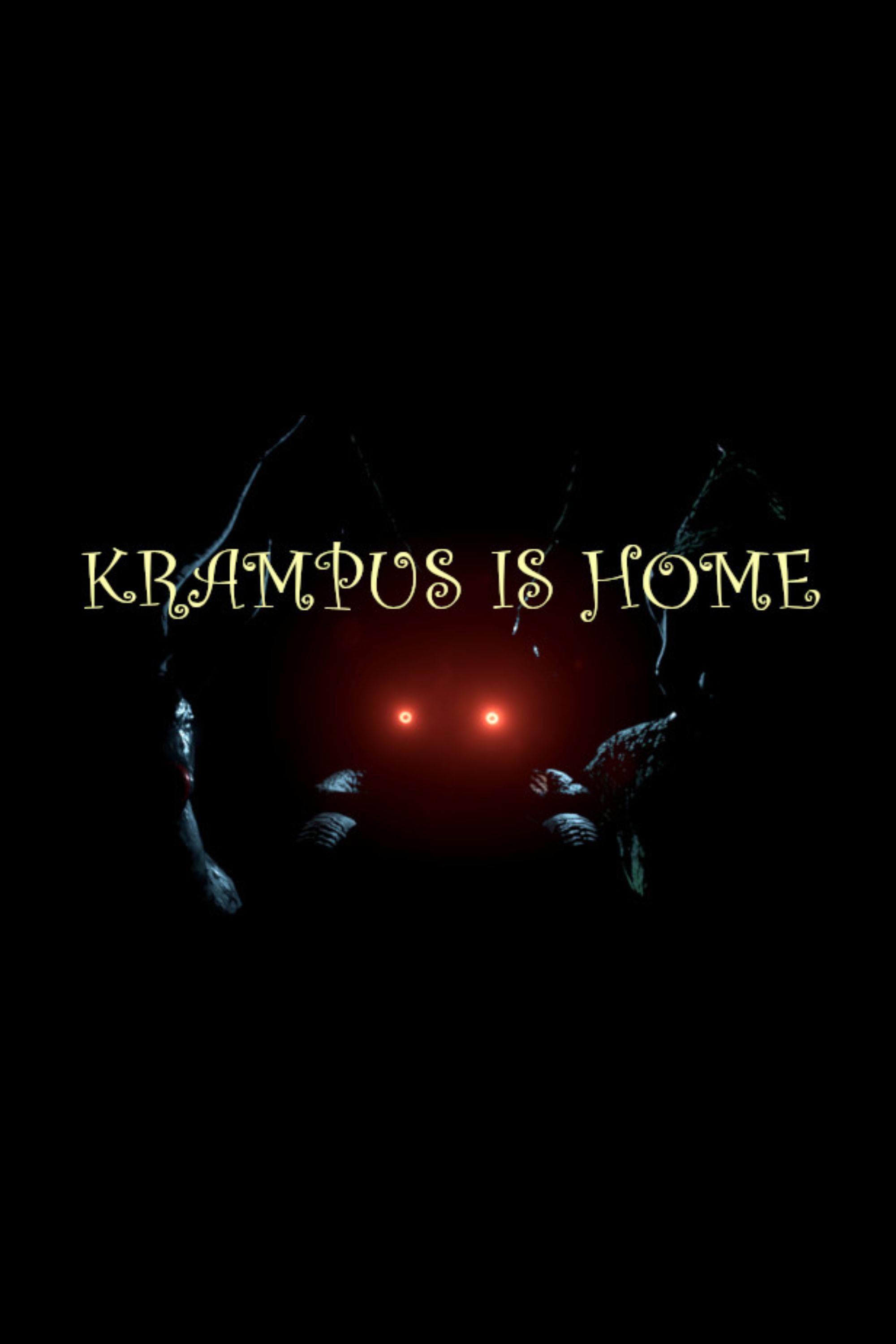 Cover image for Krampus is home showing a monster with glowing red eyes behind the logo
