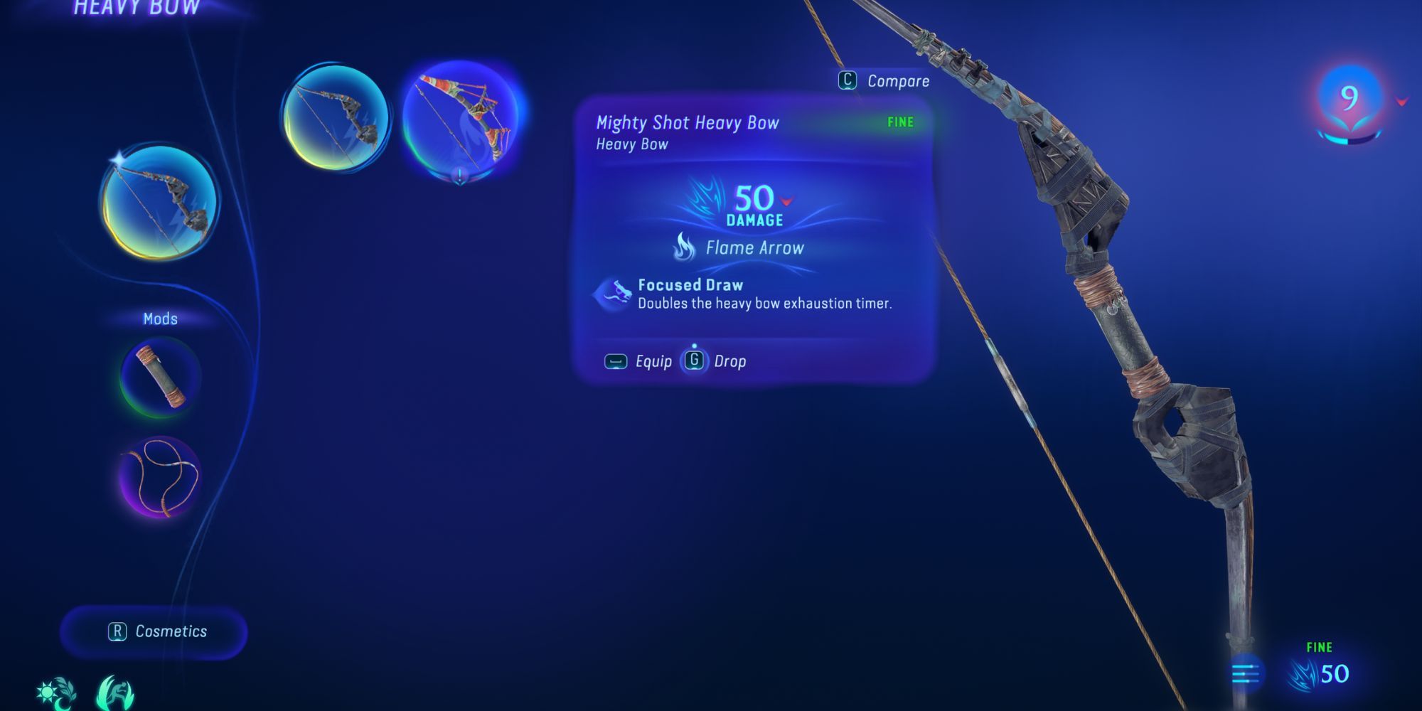 The Mighty Shot Heavy Bow in the player's inventory