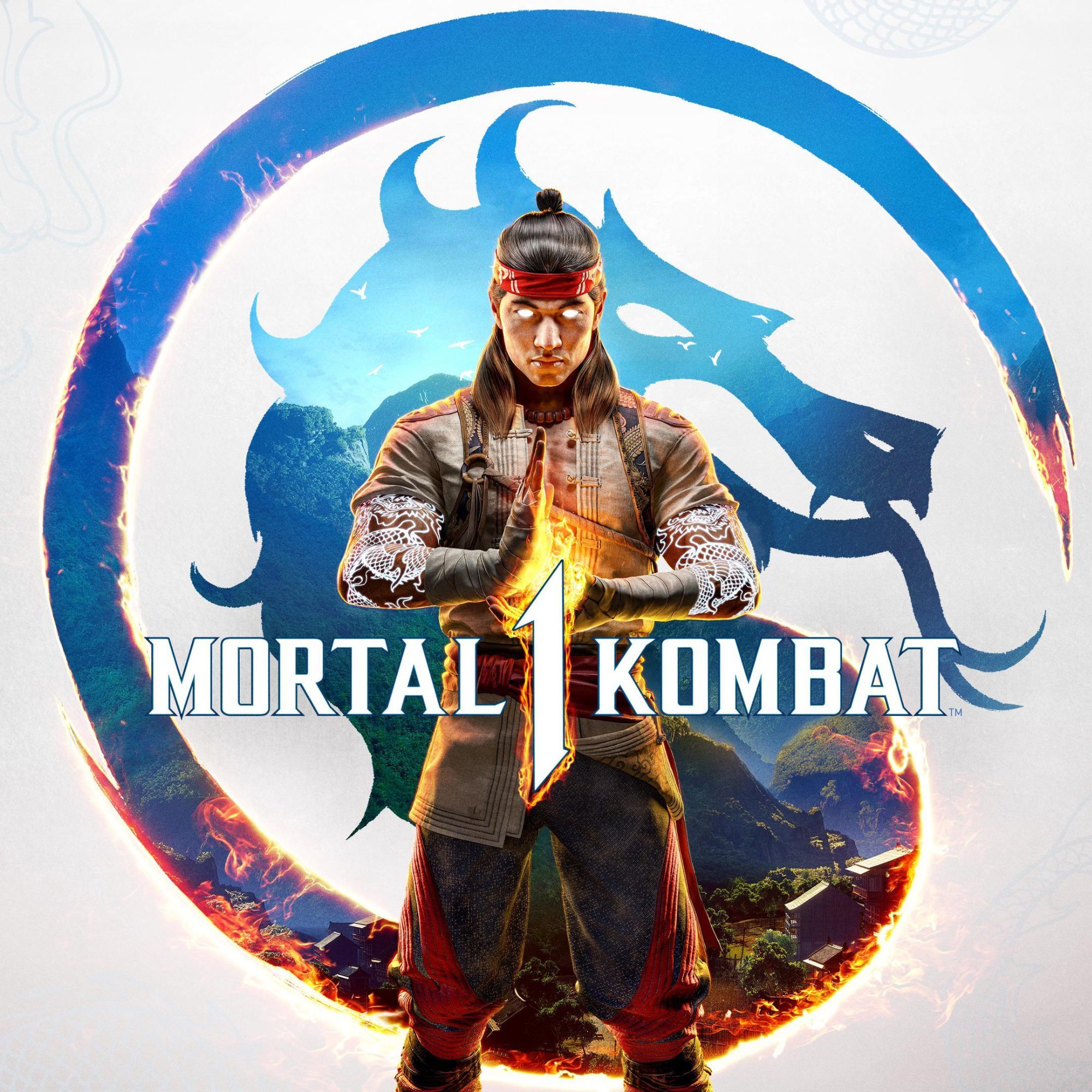 Cover image for Mortal Kombat 1 with Lui Kang standing hands together in within the dragon logo in a 2000x2000 format
