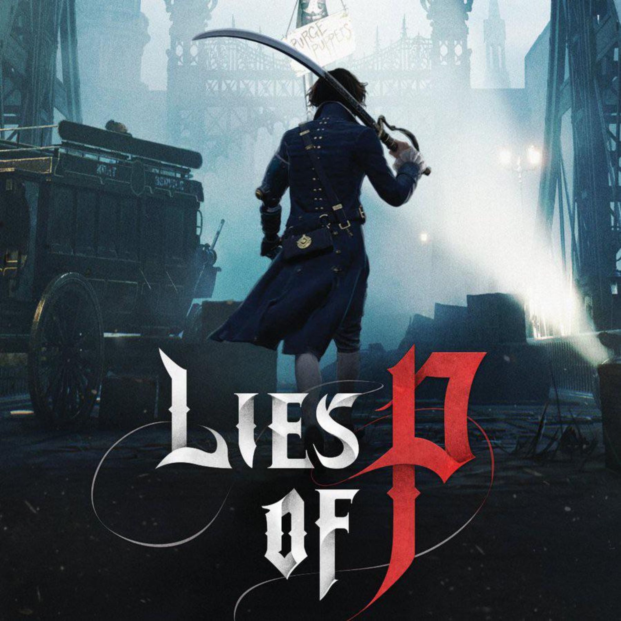 Cover image for Lies of P showing the back of Pinocchio behind the game's logo in a 2000x2000 format