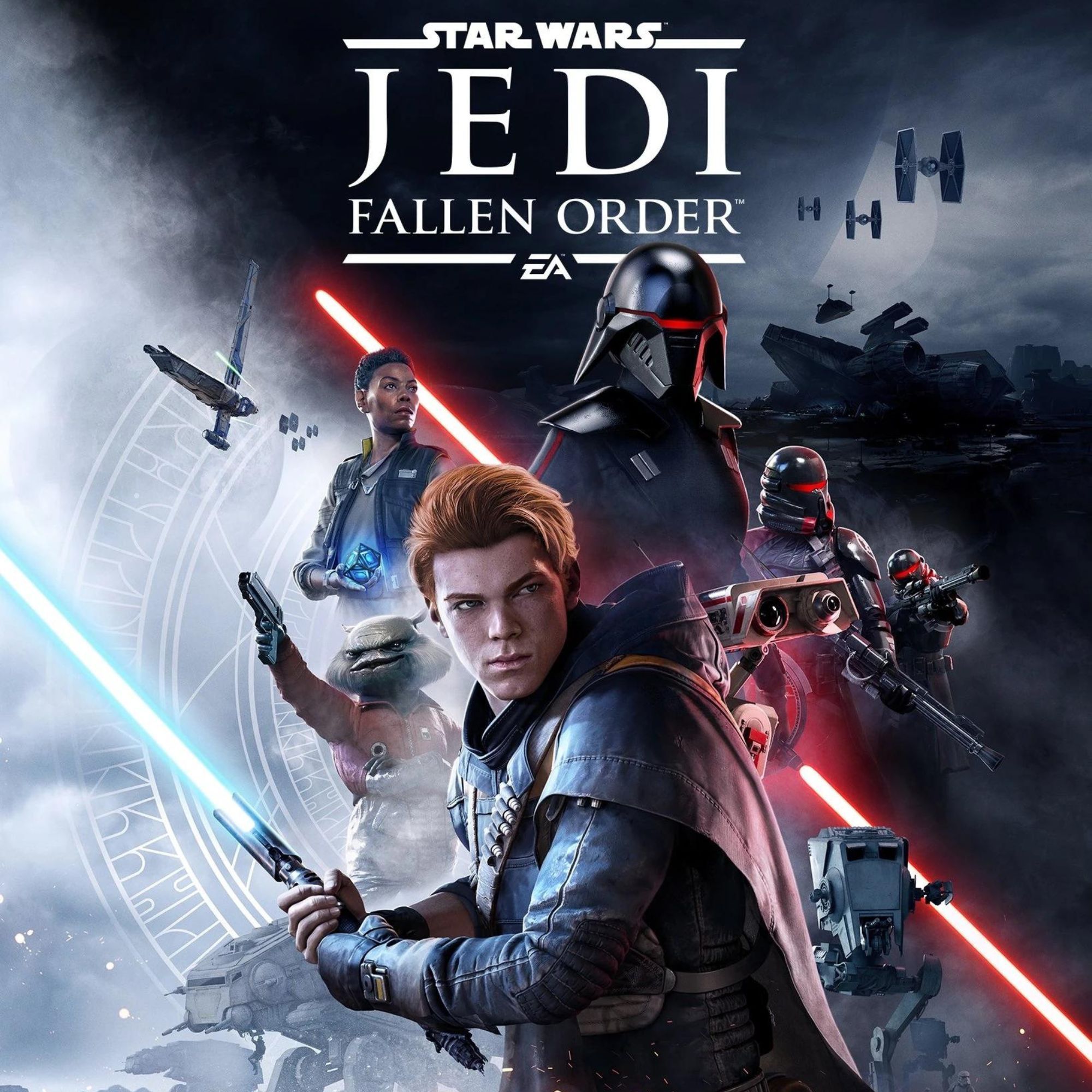2000x2000 tag image of Star Wars Jedi: Fallen Order. Cal Kestis holds a blue lightsaber against a number of Star Wars characters.