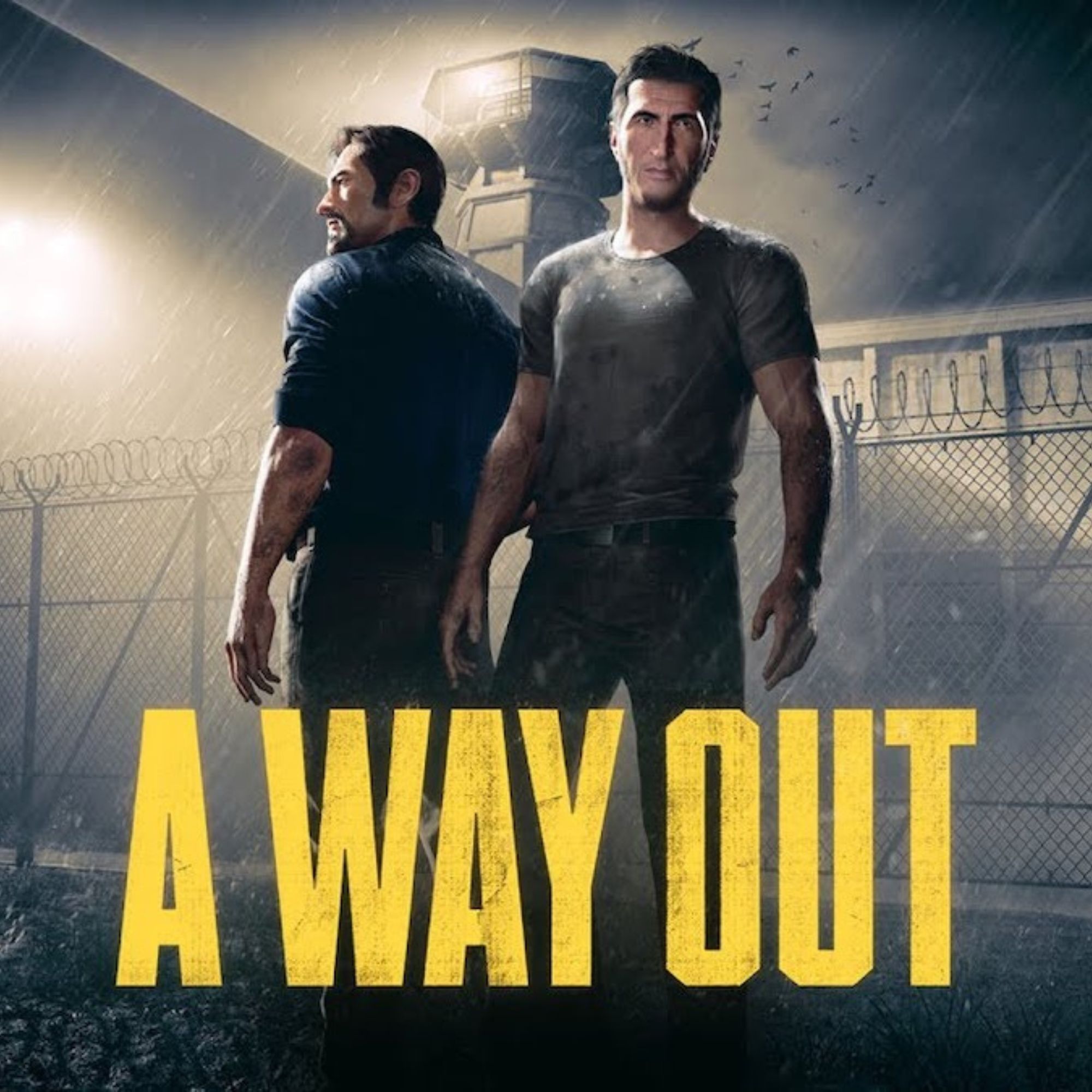 2000x2000 tag image for A Way Out. Two men stand in front of a prison fence behind the game's yellow title.