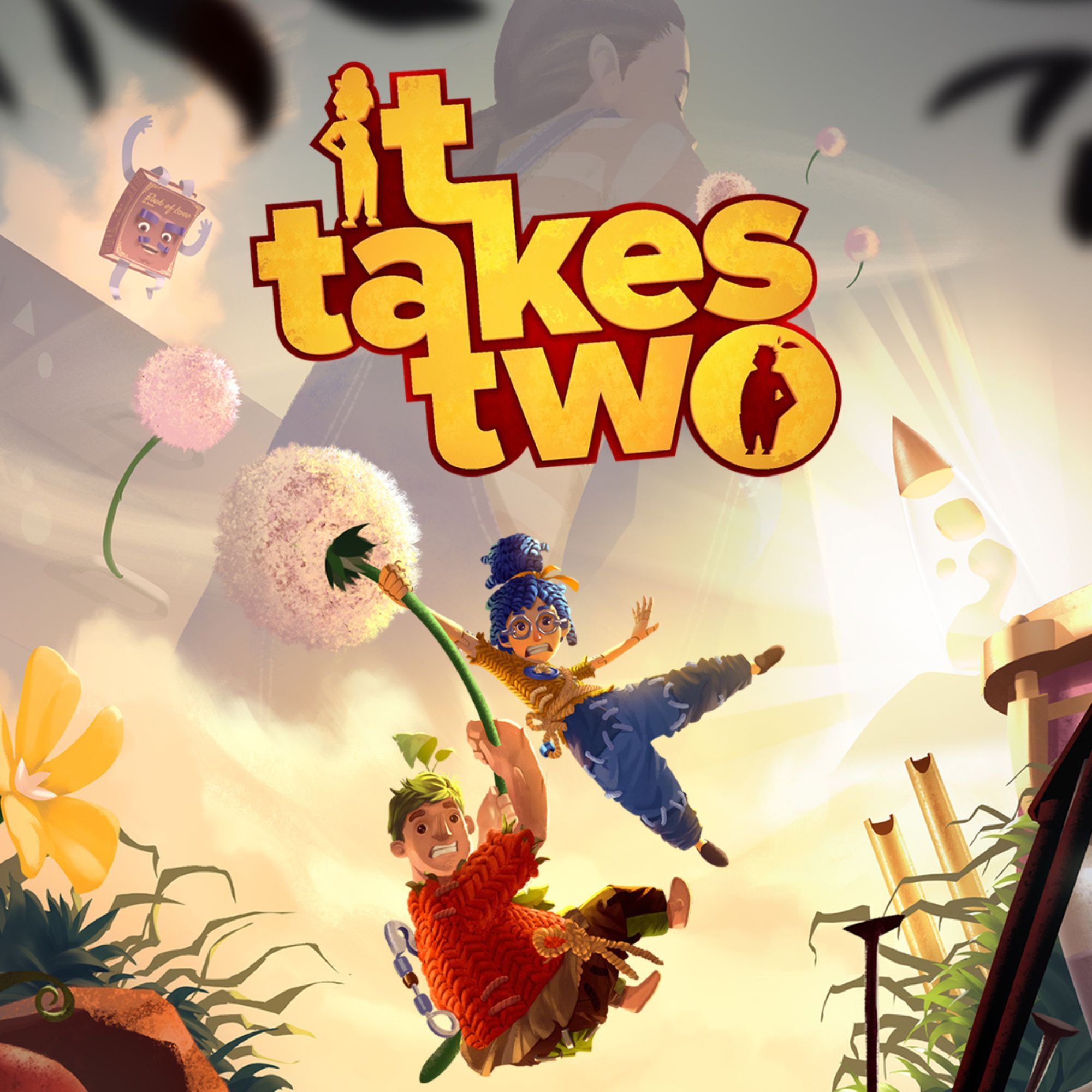 2000x2000 tag image for It Takes Two. A blue-haired character and a character with a red shirt hold on to a dandelion under the game's logo.